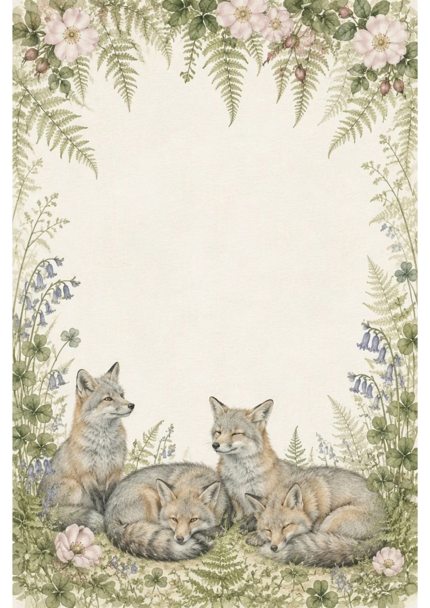 Watercolour border page with a grey fox family of four resting together, surrounded by pink roses, bluebells, and ferns