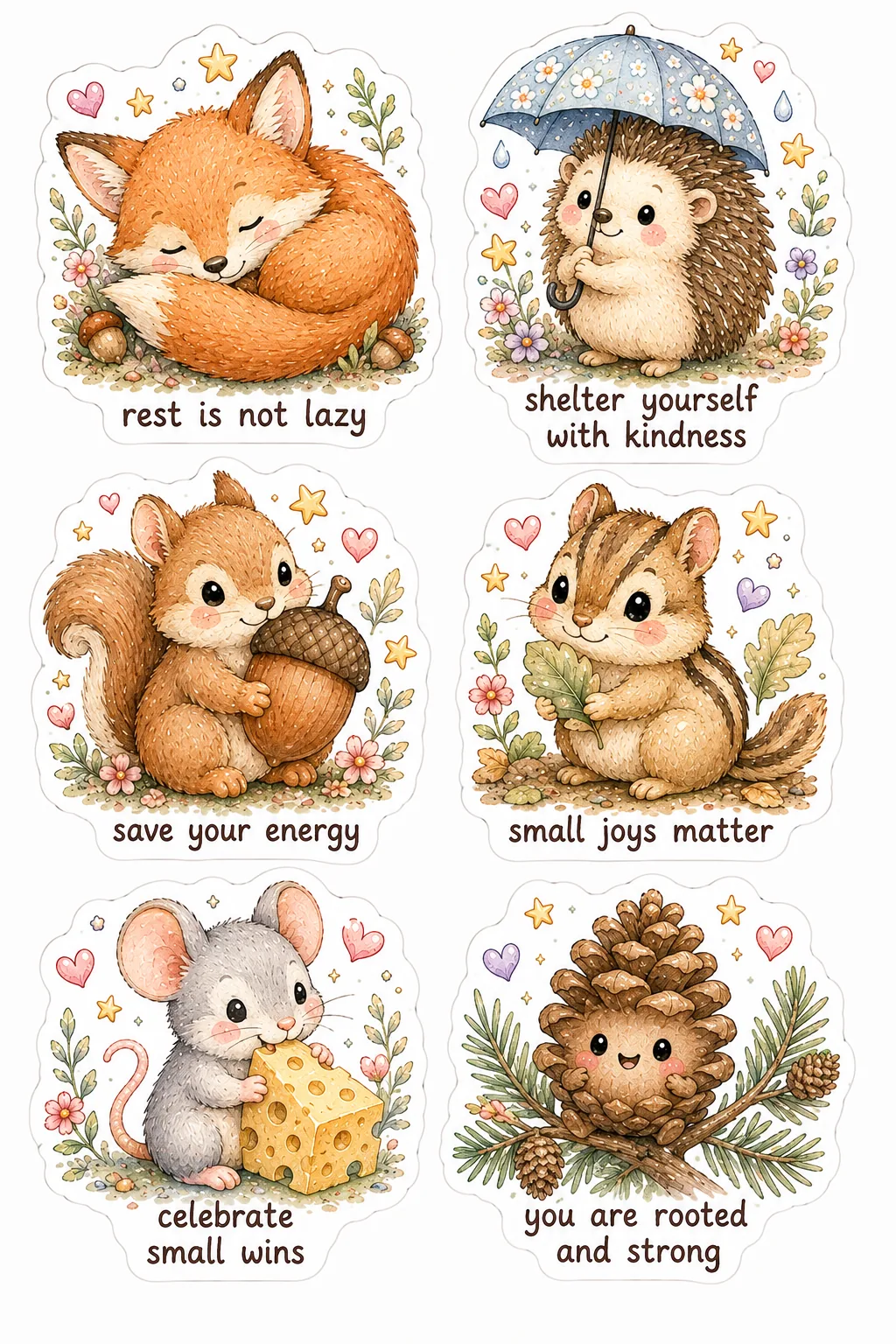 Woodland fox, hedgehog, squirrel, chipmunk, mouse, and pinecone stickers with comforting messages