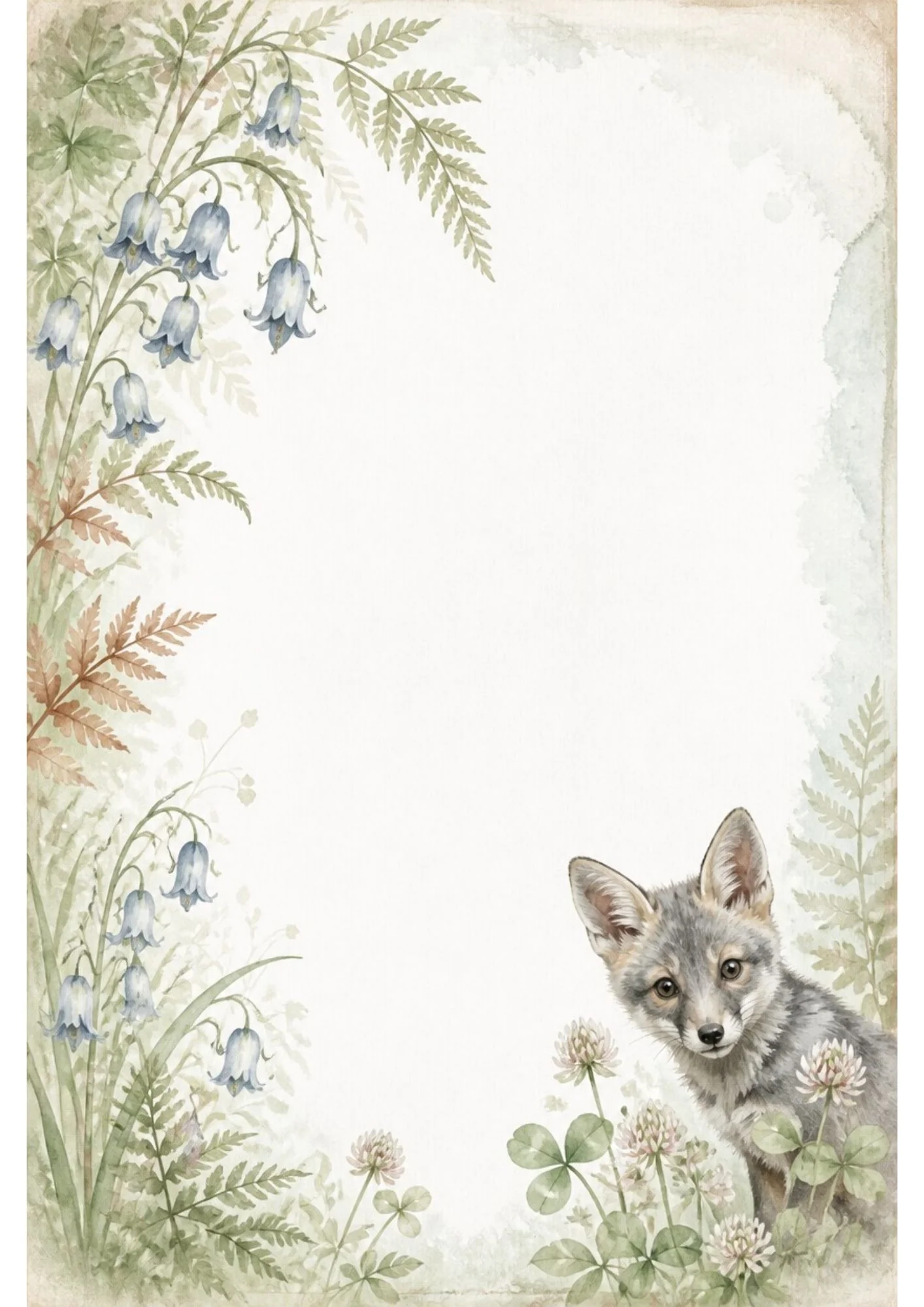 Watercolour border page with a grey fox kit peering through pink clover, blue bellflowers, and green fern fronds