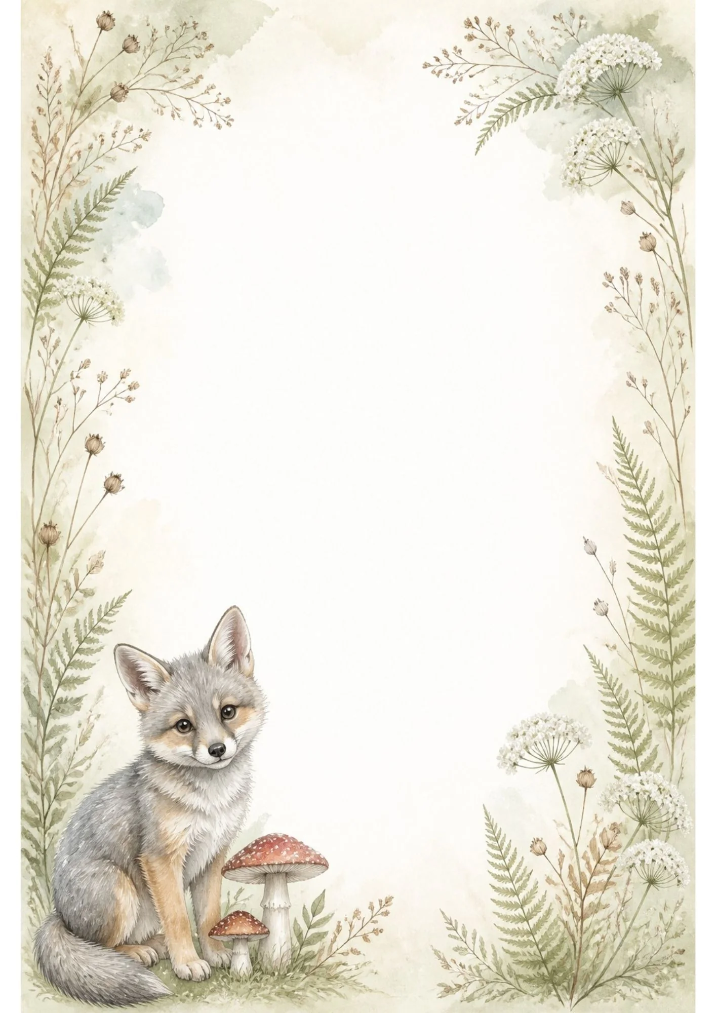 Watercolour border with a young grey fox kit beside a red toadstool, framed by sage ferns and white wildflower heads