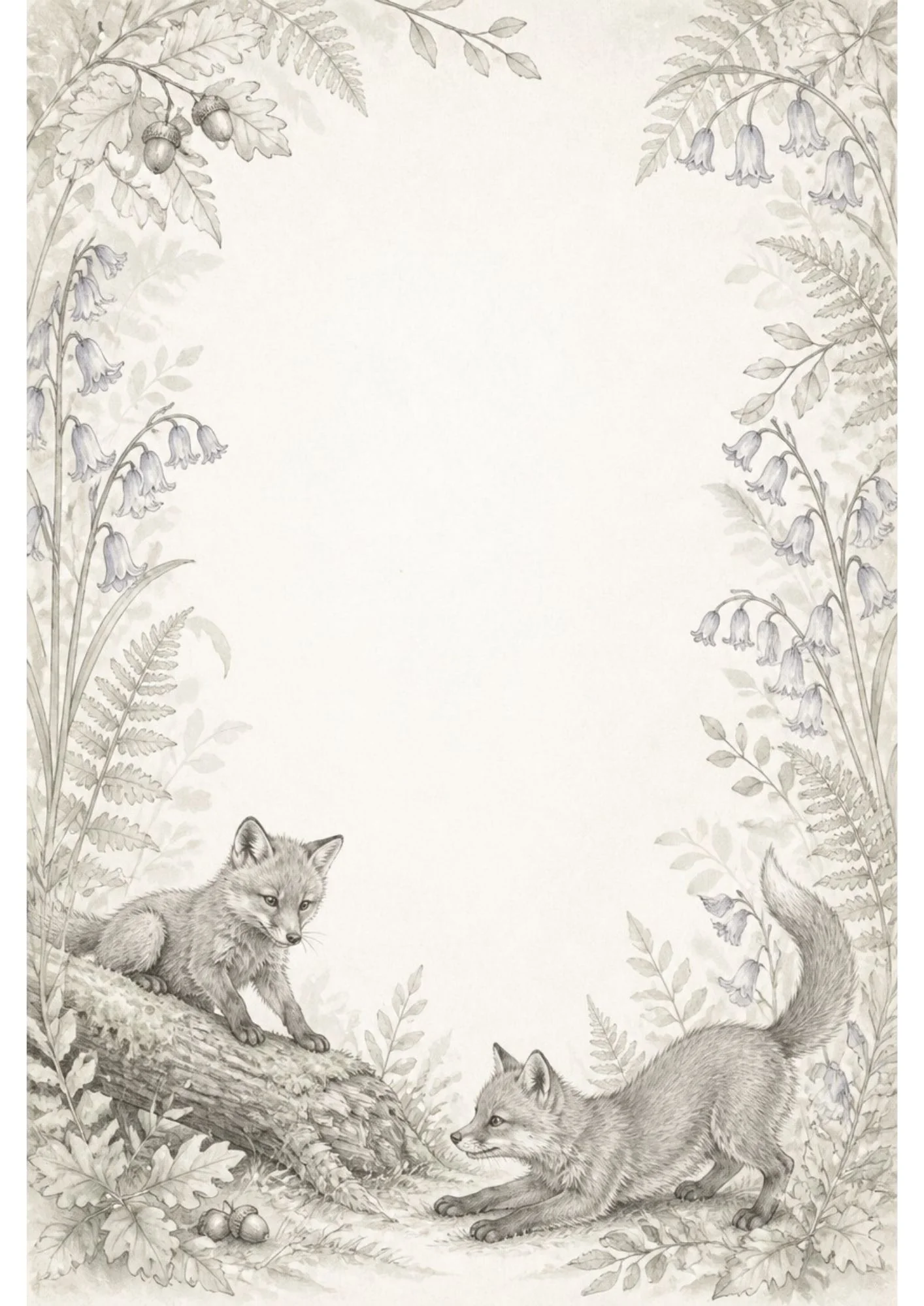 Pencil-sketch style border page with two grey fox kits playing on a mossy log among pale bluebells, oak leaves, and ferns