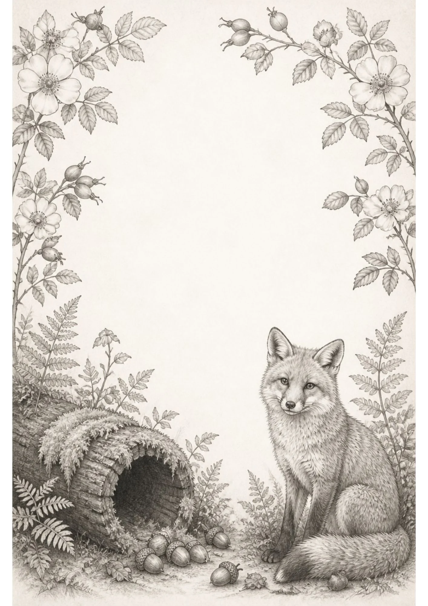 Pencil-sketch style border page with a sitting grey fox beside a mossy log, framed by rose hips, open roses, and fern fronds