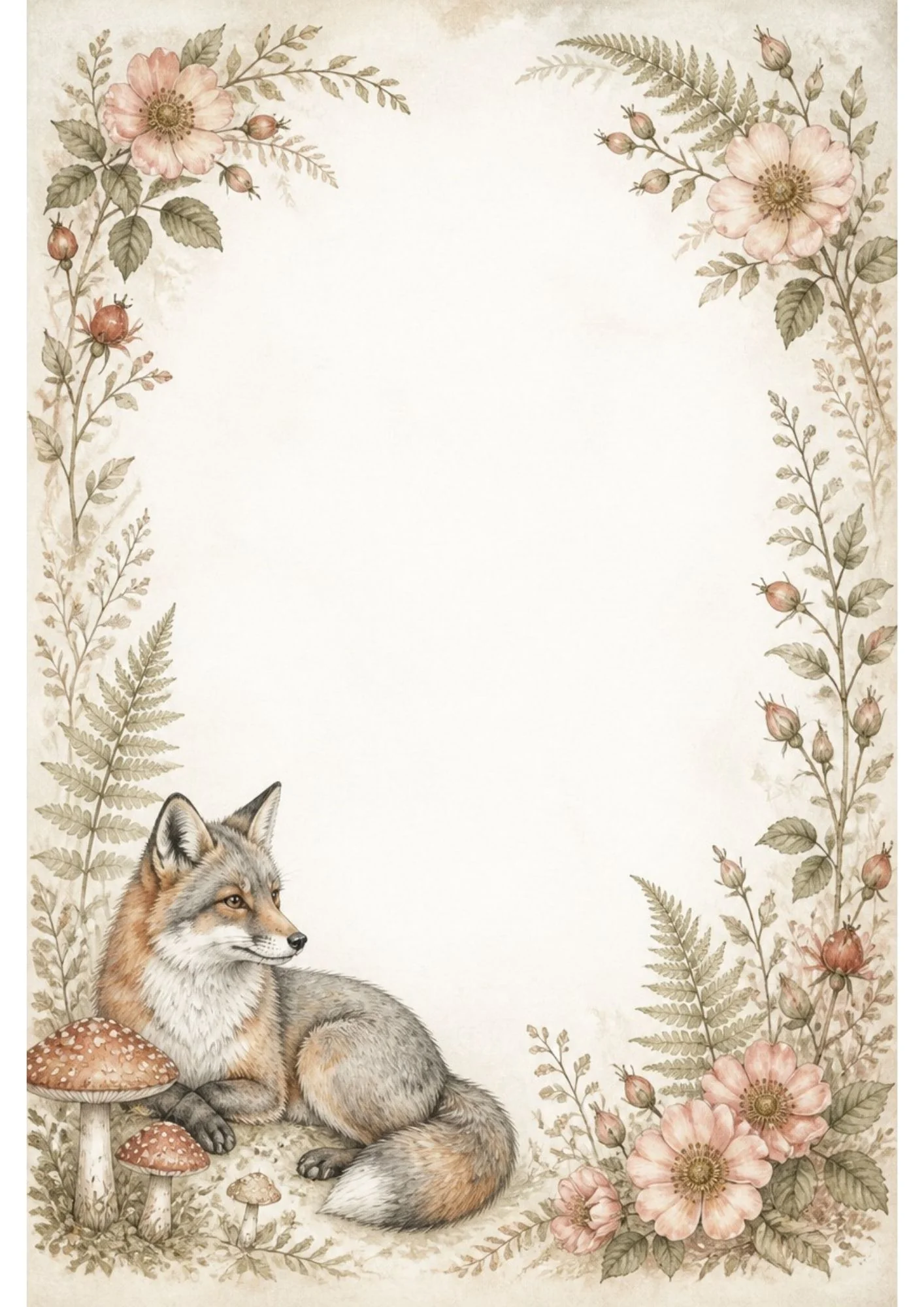 Watercolour border page with a resting fox beside red toadstools, pink wild roses, fern garlands, and rose buds