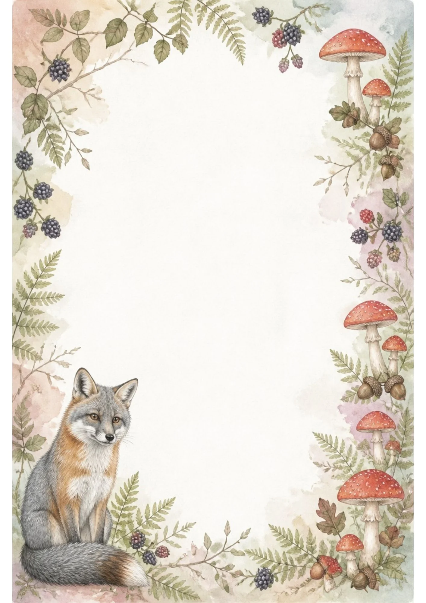 Watercolour border page with a sitting grey fox on the left and a tall row of red-capped toadstools and blackberries on the right