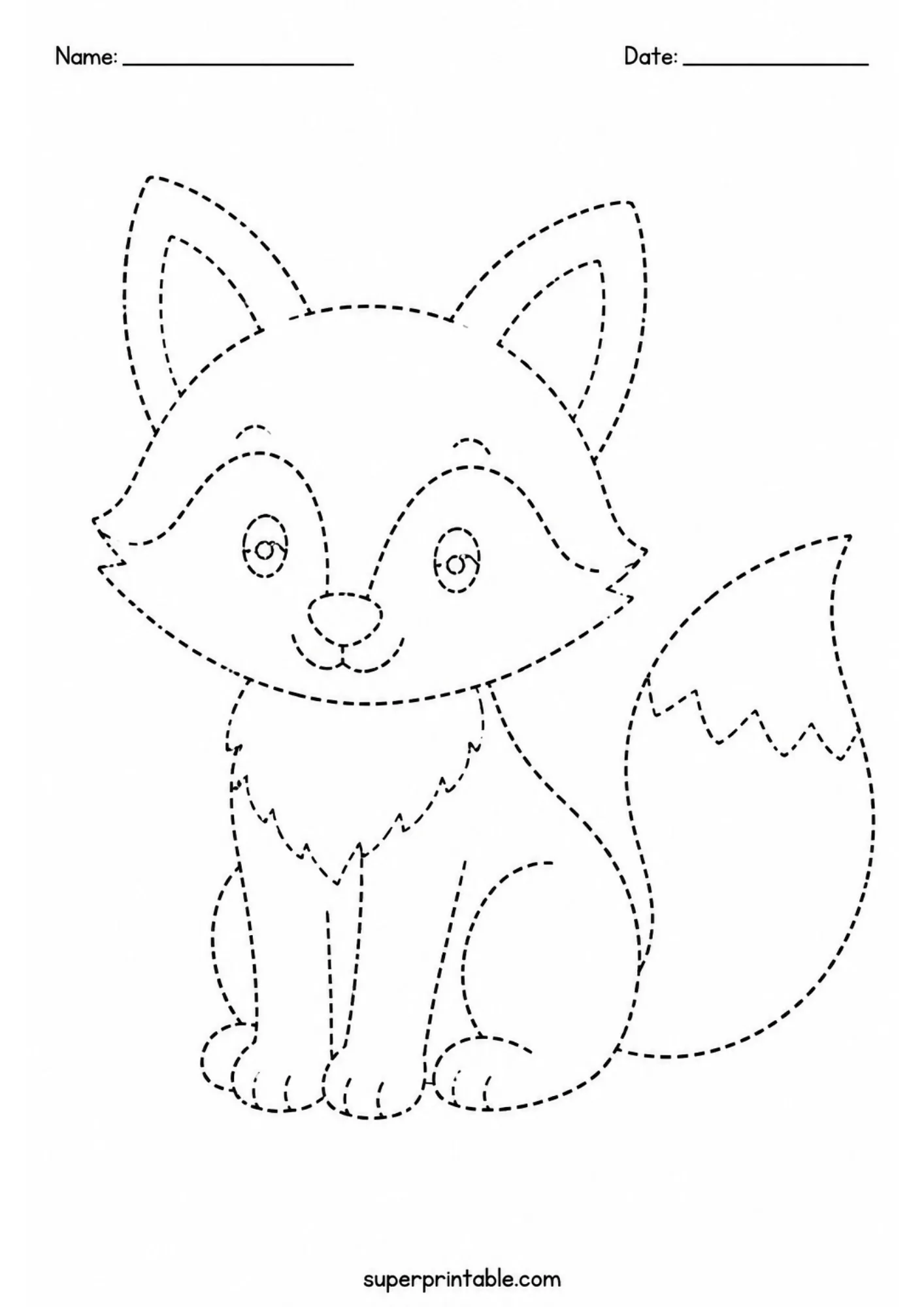 Dashed line fox ready for kids to trace with forest animal tracing pages.