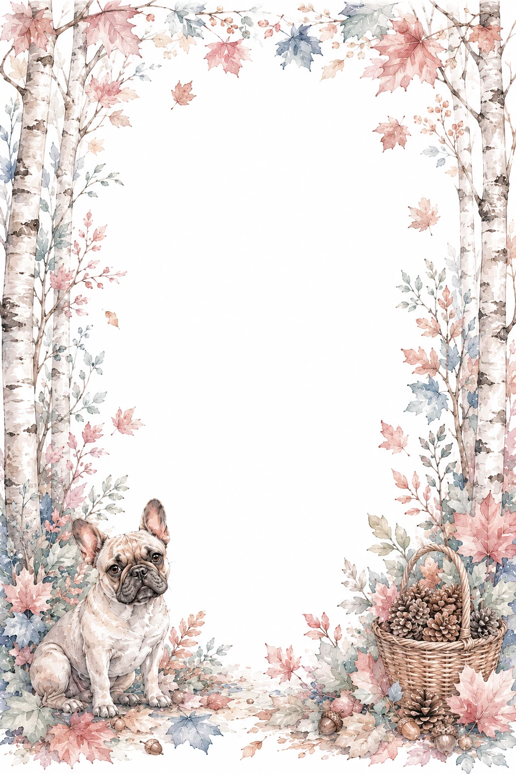 Watercolor border page featuring a French Bulldog in a autumn setting, with a blank center and no text or watermark.