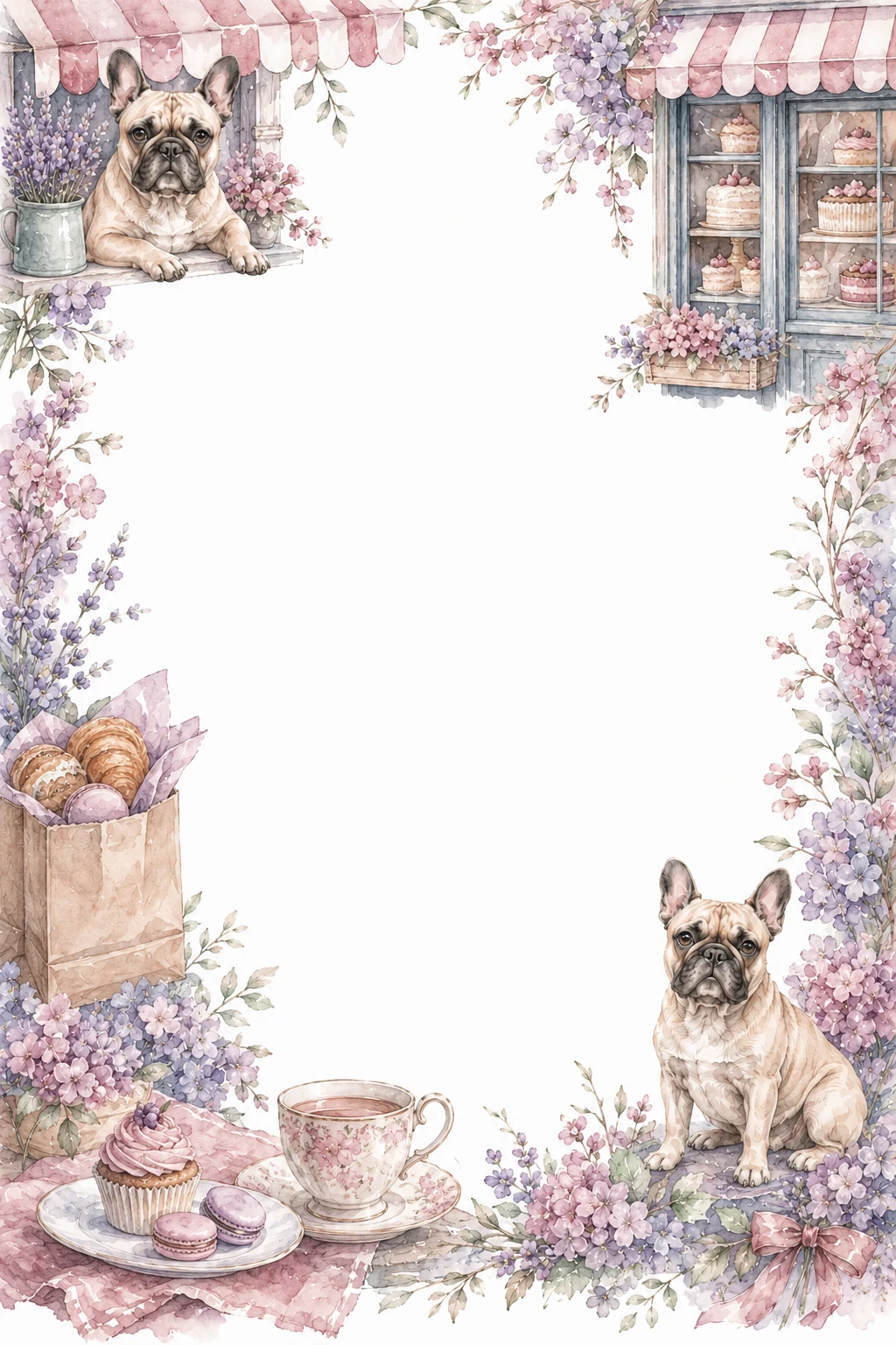 Watercolor border page featuring a French Bulldog in a bakery setting, with a blank center and no text or watermark.