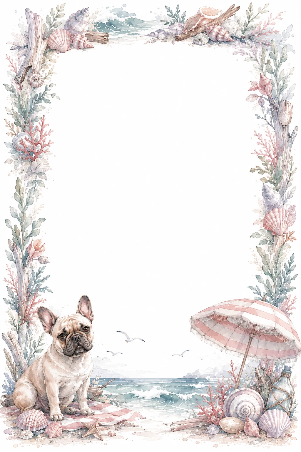 Watercolor border page featuring a French Bulldog in a beach setting, with a blank center and no text or watermark.