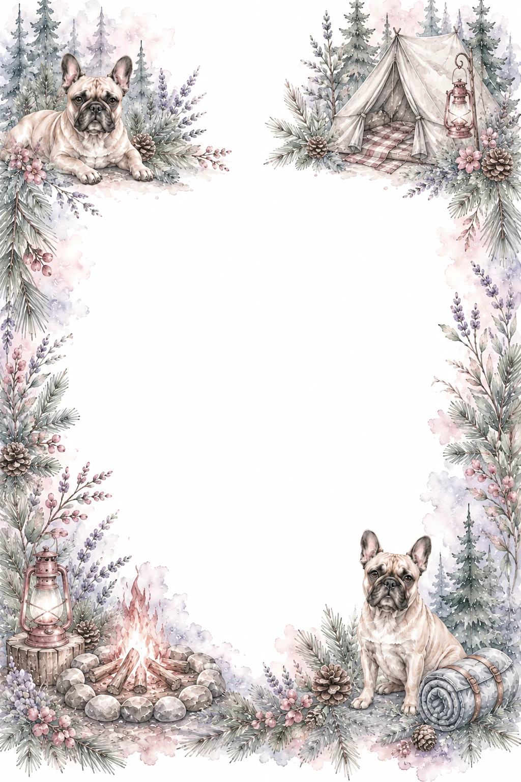 Watercolor border page featuring a French Bulldog in a camping setting, with a blank center and no text or watermark.