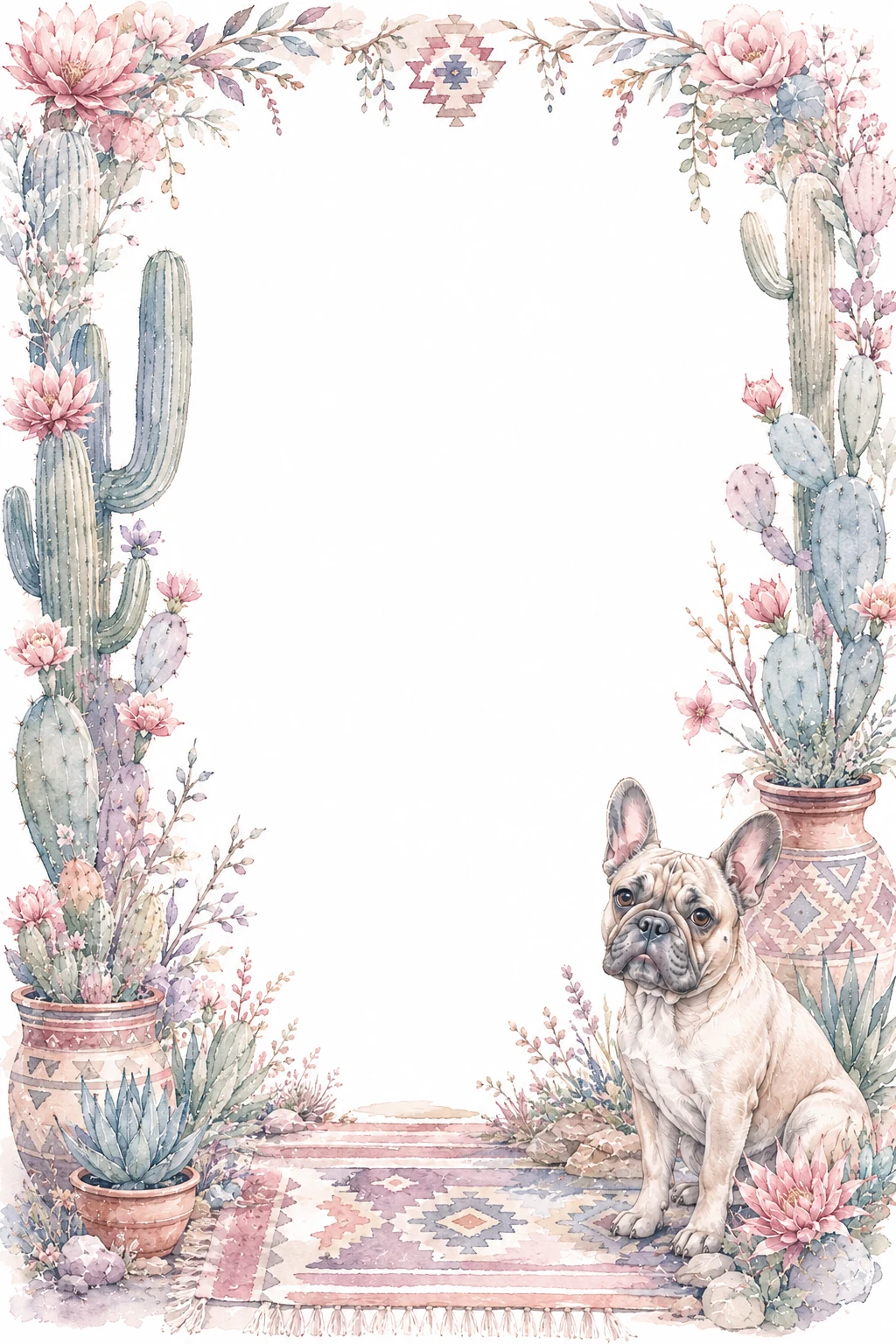 Watercolor border page featuring a French Bulldog in a desert setting, with a blank center and no text or watermark.