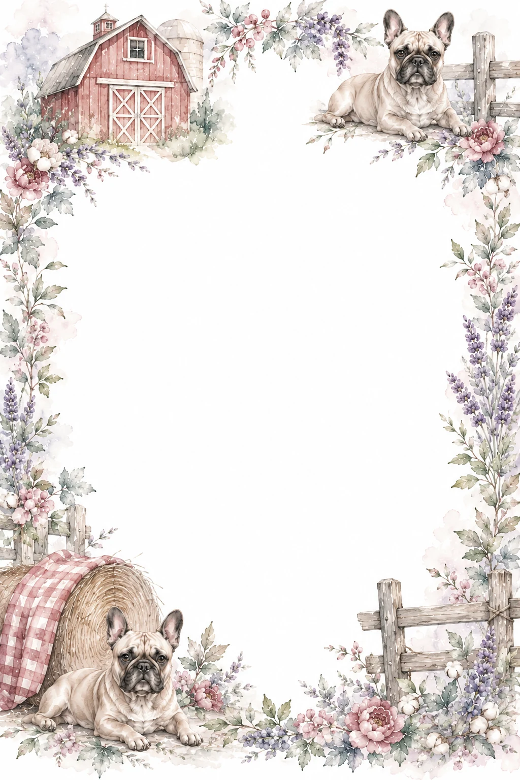 Watercolor border page featuring a French Bulldog in a farmhouse setting, with a blank center and no text or watermark.