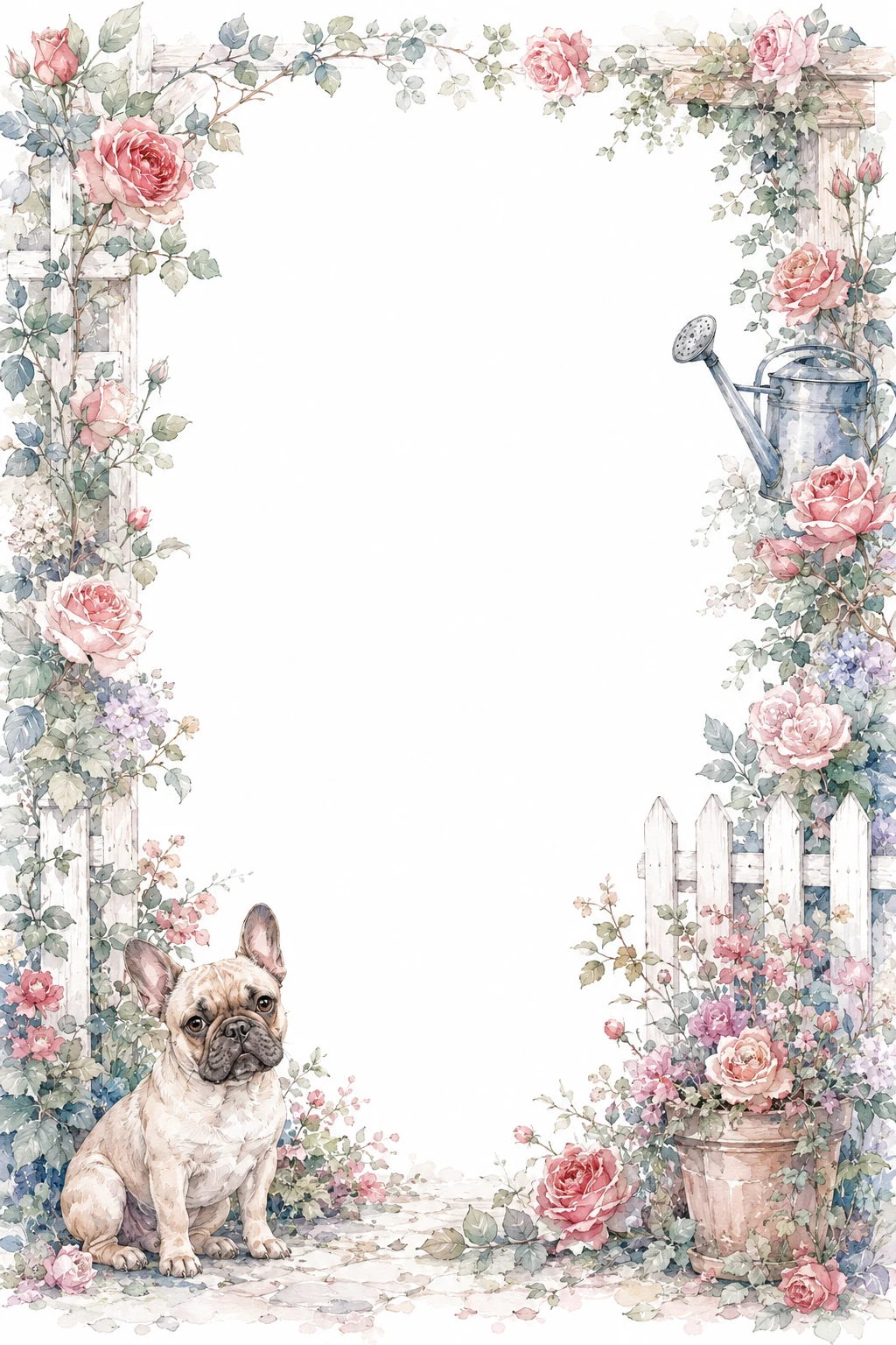 Watercolor border page featuring a French Bulldog in a garden setting, with a blank center and no text or watermark.