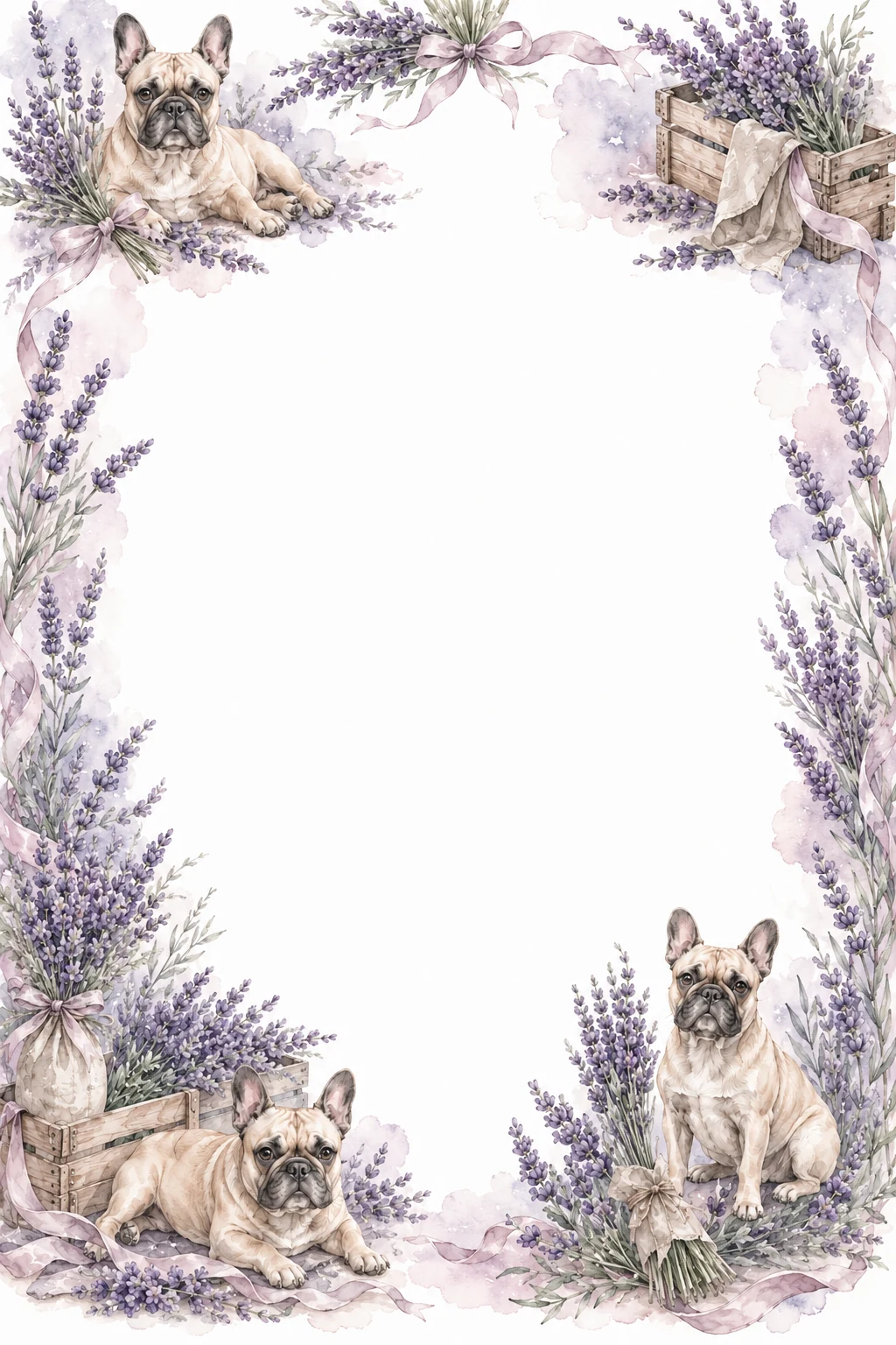 Watercolor border page featuring a French Bulldog in a lavender field setting, with a blank center and no text or watermark.