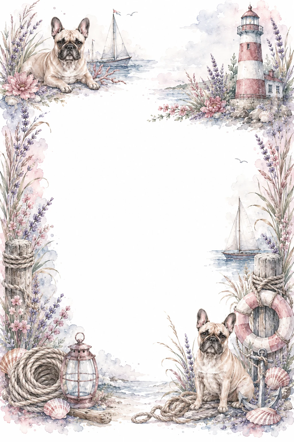 Watercolor border page featuring a French Bulldog in a lighthouse setting, with a blank center and no text or watermark.