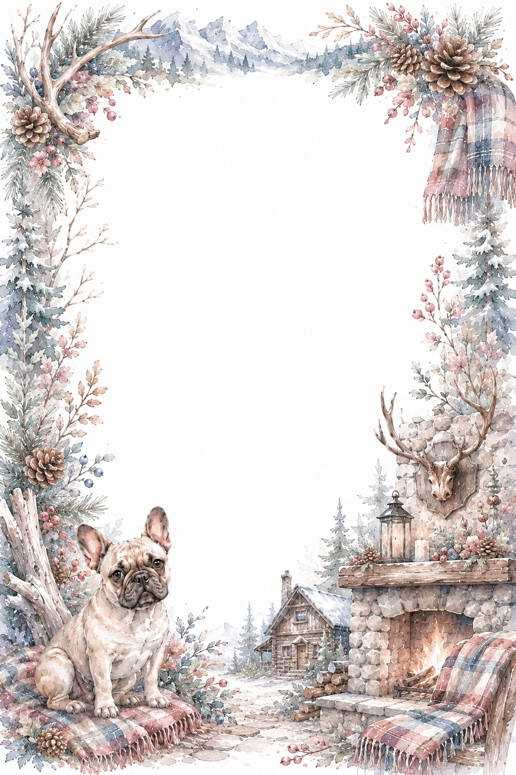 Watercolor border page featuring a French Bulldog in a mountain lodge setting, with a blank center and no text or watermark.
