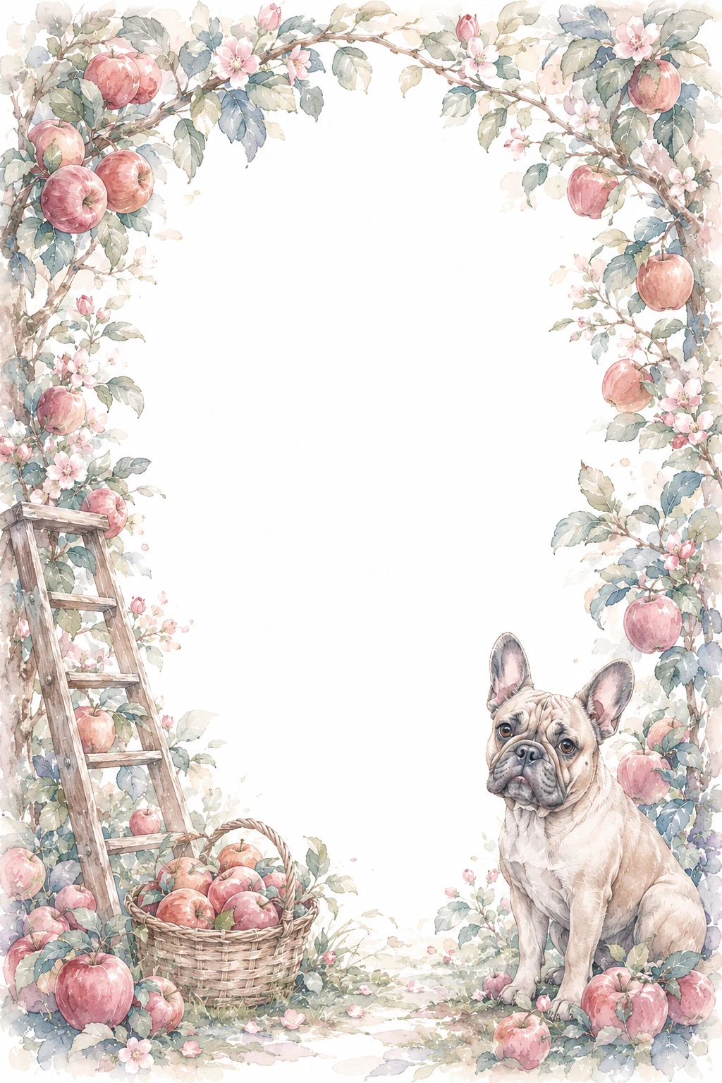 Watercolor border page featuring a French Bulldog in a orchard setting, with a blank center and no text or watermark.