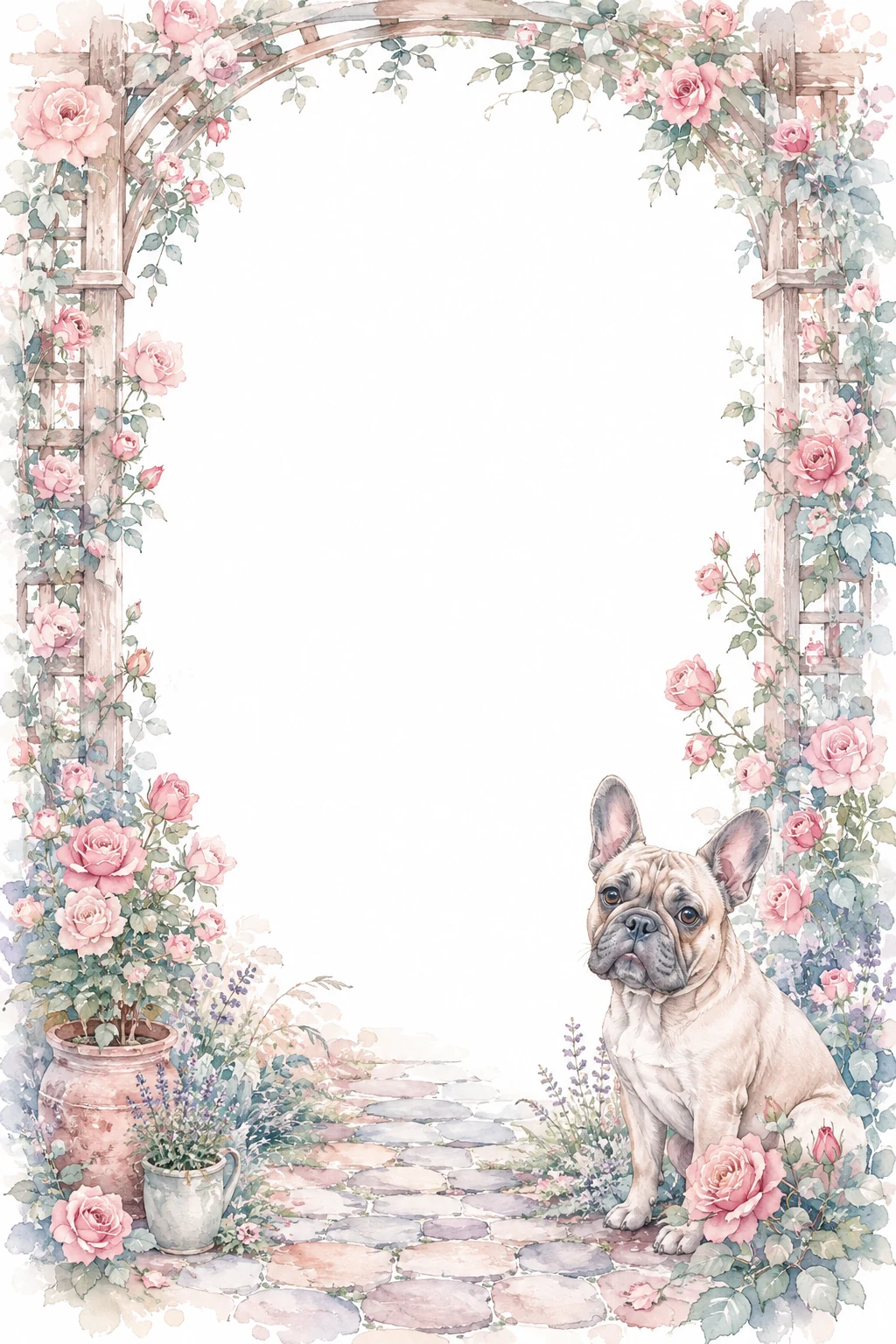 Watercolor border page featuring a French Bulldog in a rose trellis setting, with a blank center and no text or watermark.