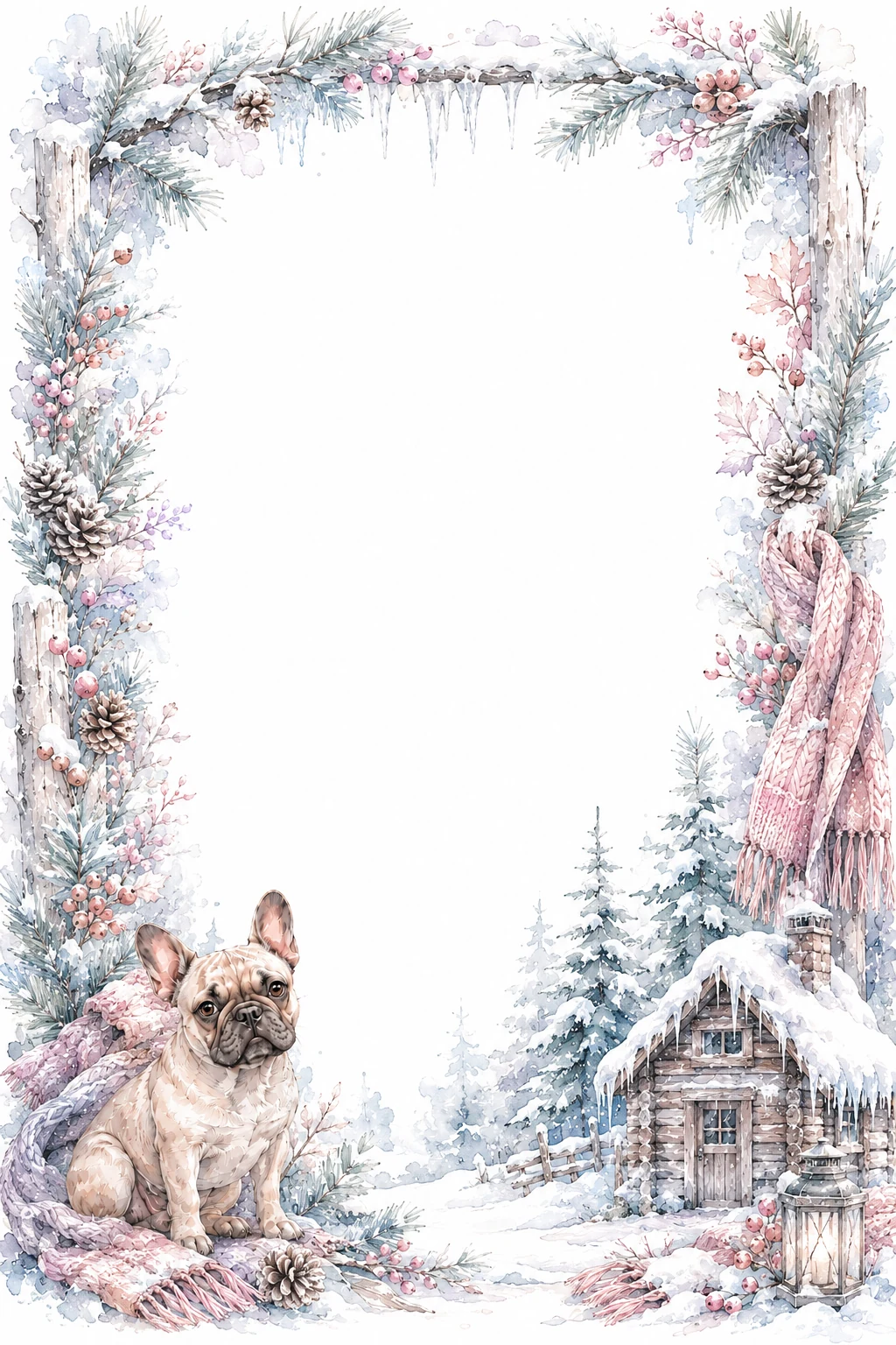 Watercolor border page featuring a French Bulldog in a snow cabin setting, with a blank center and no text or watermark.
