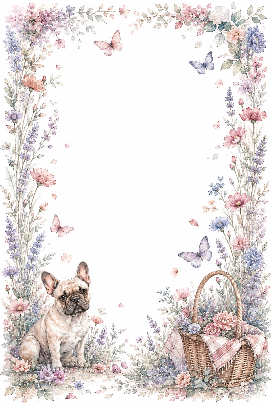 Watercolor border page featuring a French Bulldog in a spring meadow setting, with a blank center and no text or watermark.
