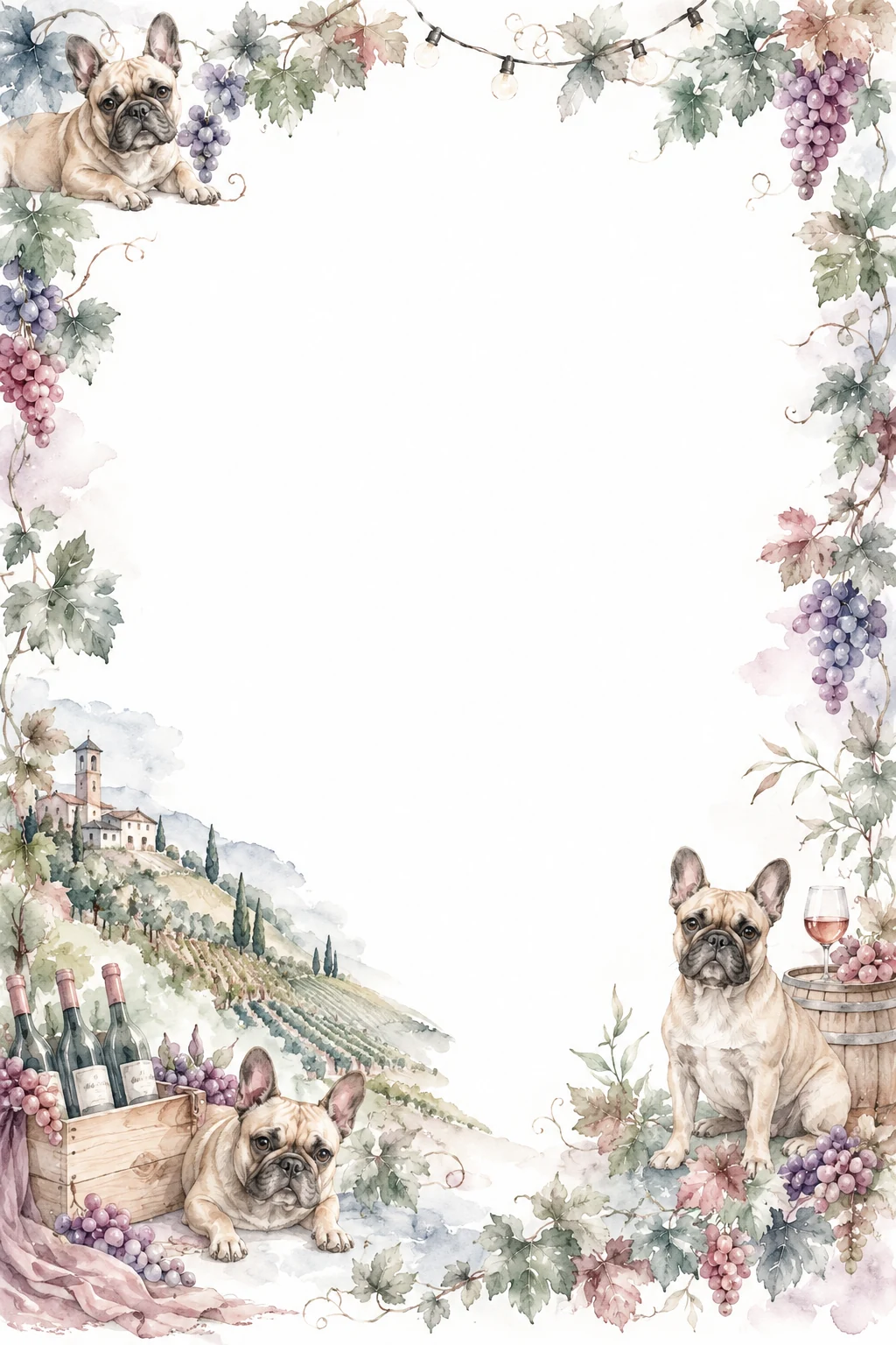 Watercolor border page featuring a French Bulldog in a vineyard setting, with a blank center and no text or watermark.