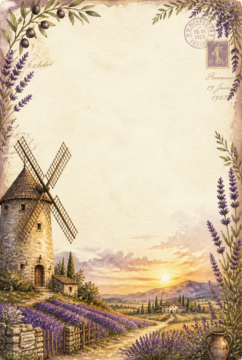 Provence stationery border with a rustic stone windmill above rows of blooming lavender.