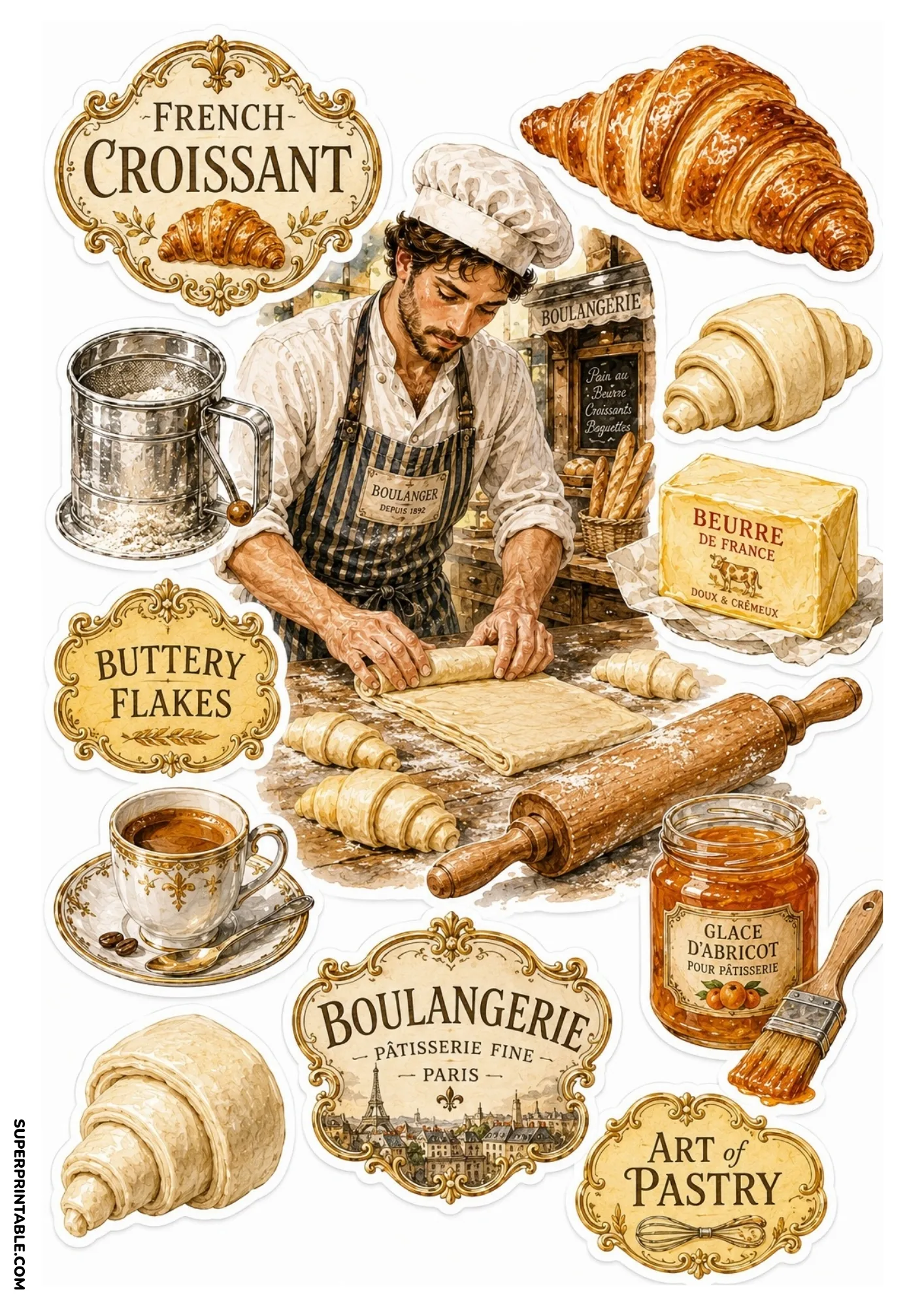 French croissant sticker sheet showing a baker rolling dough, golden croissants, French butter, flour sifter, and Parisian bakery signs.