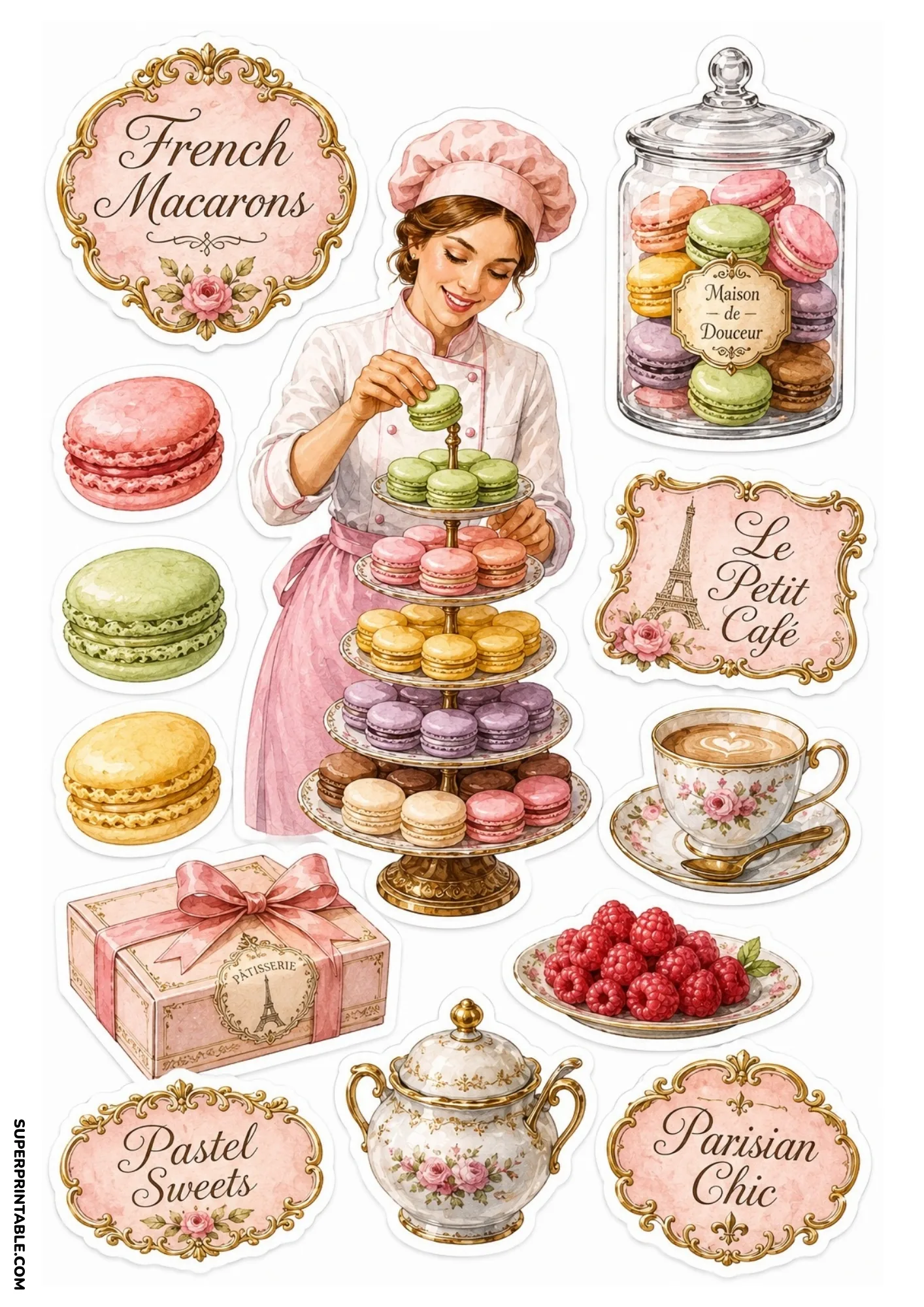 French macaron sticker sheet featuring a baker arranging a macaron tower, jar of colorful macarons, coffee cup, and Parisian labels.