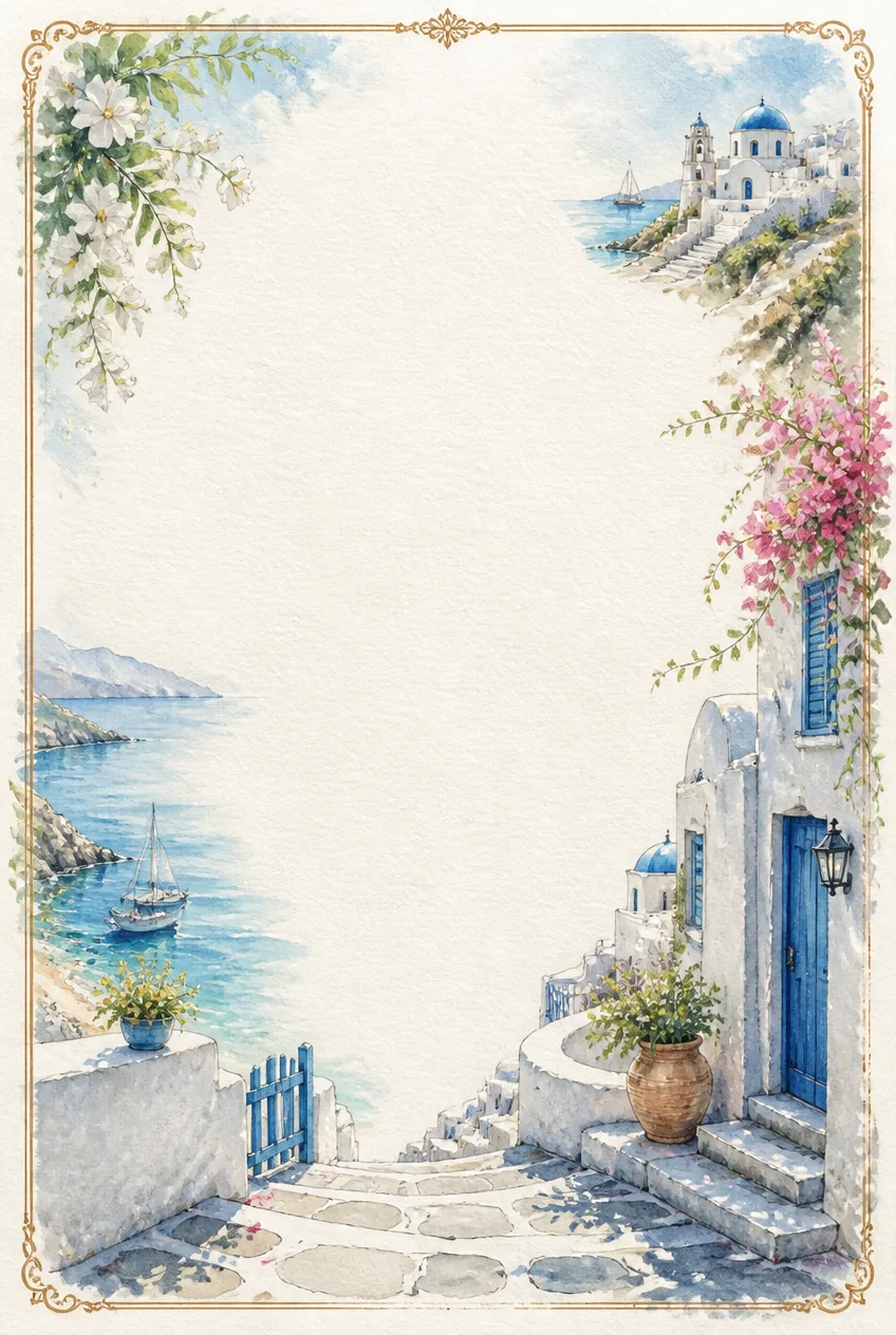 French Riviera seaside promenade and azure waters watercolor border on writing paper.