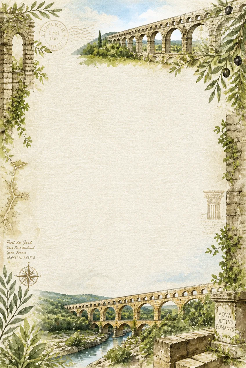 Vintage French aqueduct page border featuring Pont du Gard and olive branch illustrations.