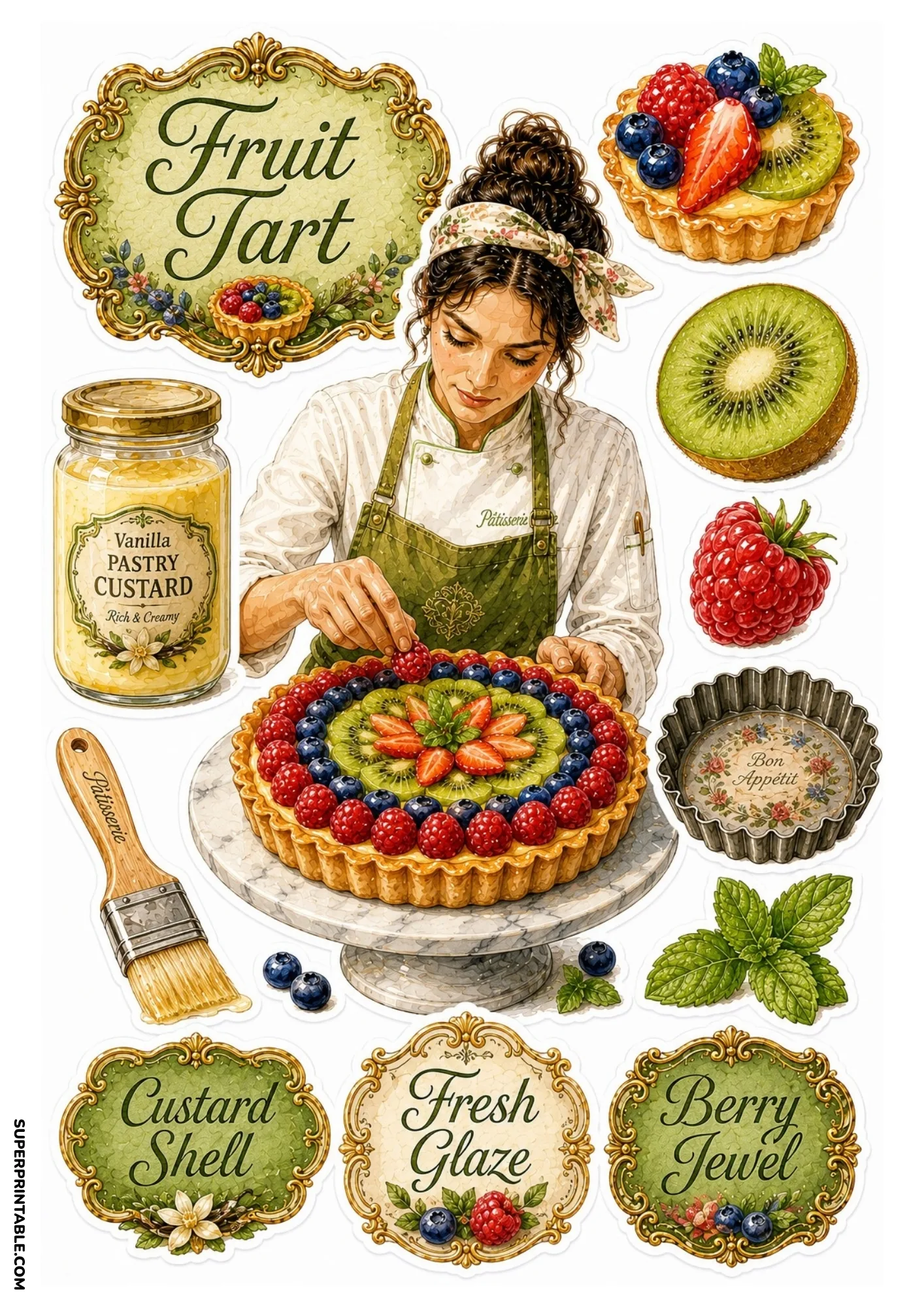 Fruit tart sticker sheet showing a chef topping a berry and kiwi tart, custard jar, tart mold, and green labels.