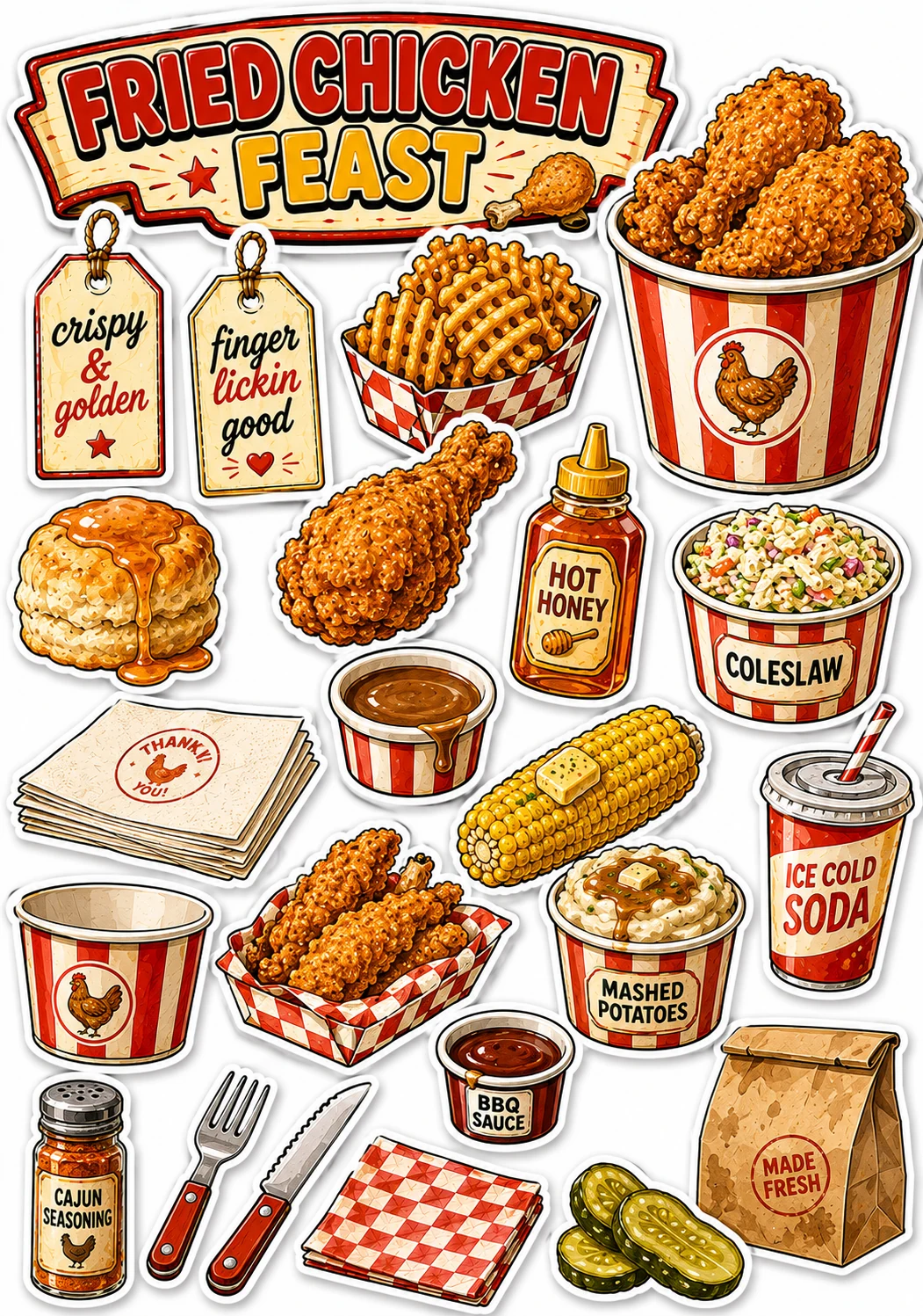 Fried Chicken Feast Bucket Biscuit Waffles Sheet featuring fast food, retro diner comfort food, junk food treats, and late night cravings.