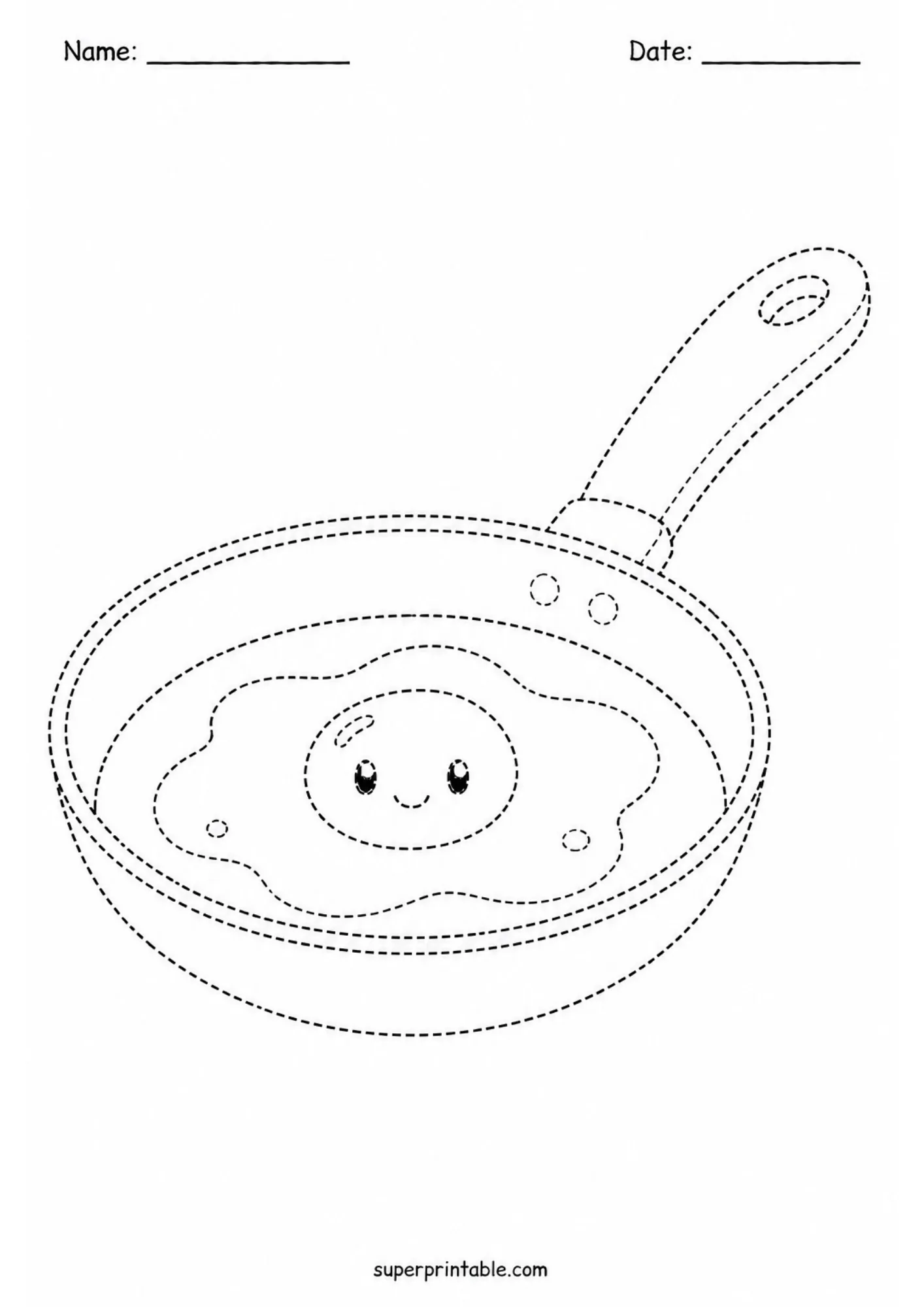 Frying pan with a smiling fried egg line tracing worksheet for young kids learning kitchen tools.