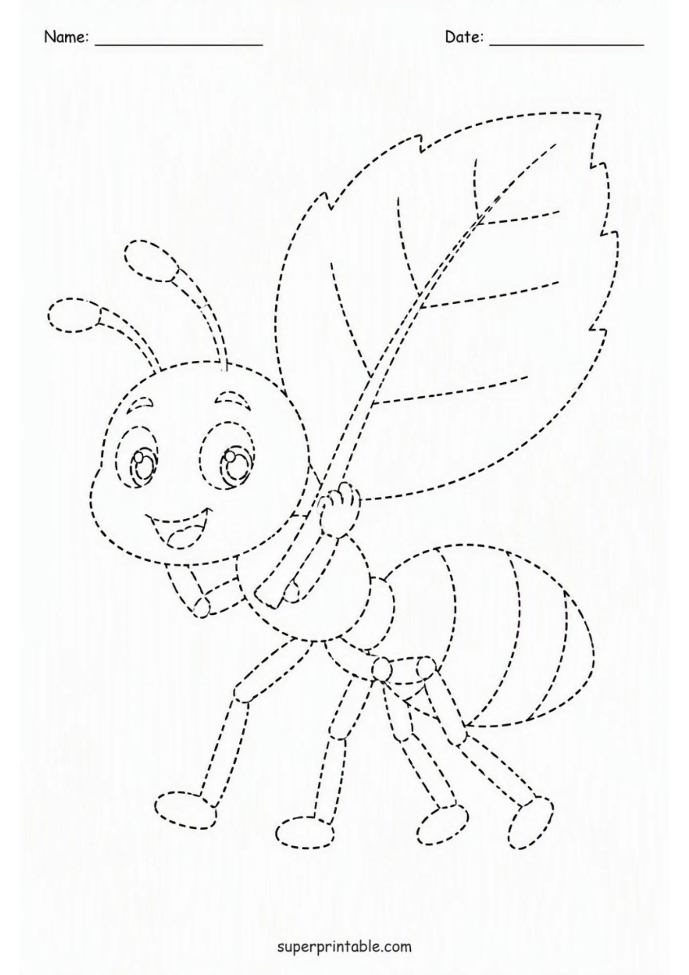 Happy ant carrying a large leaf printable tracing activity sheet for pre-k students.