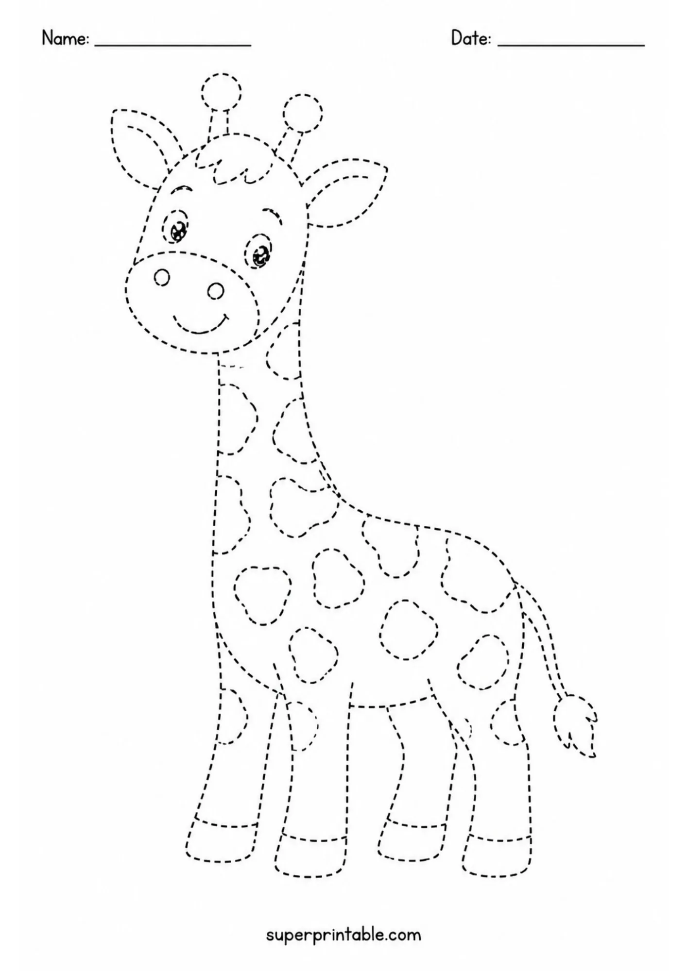 Friendly baby giraffe with long neck dashed line tracing worksheet for toddlers.