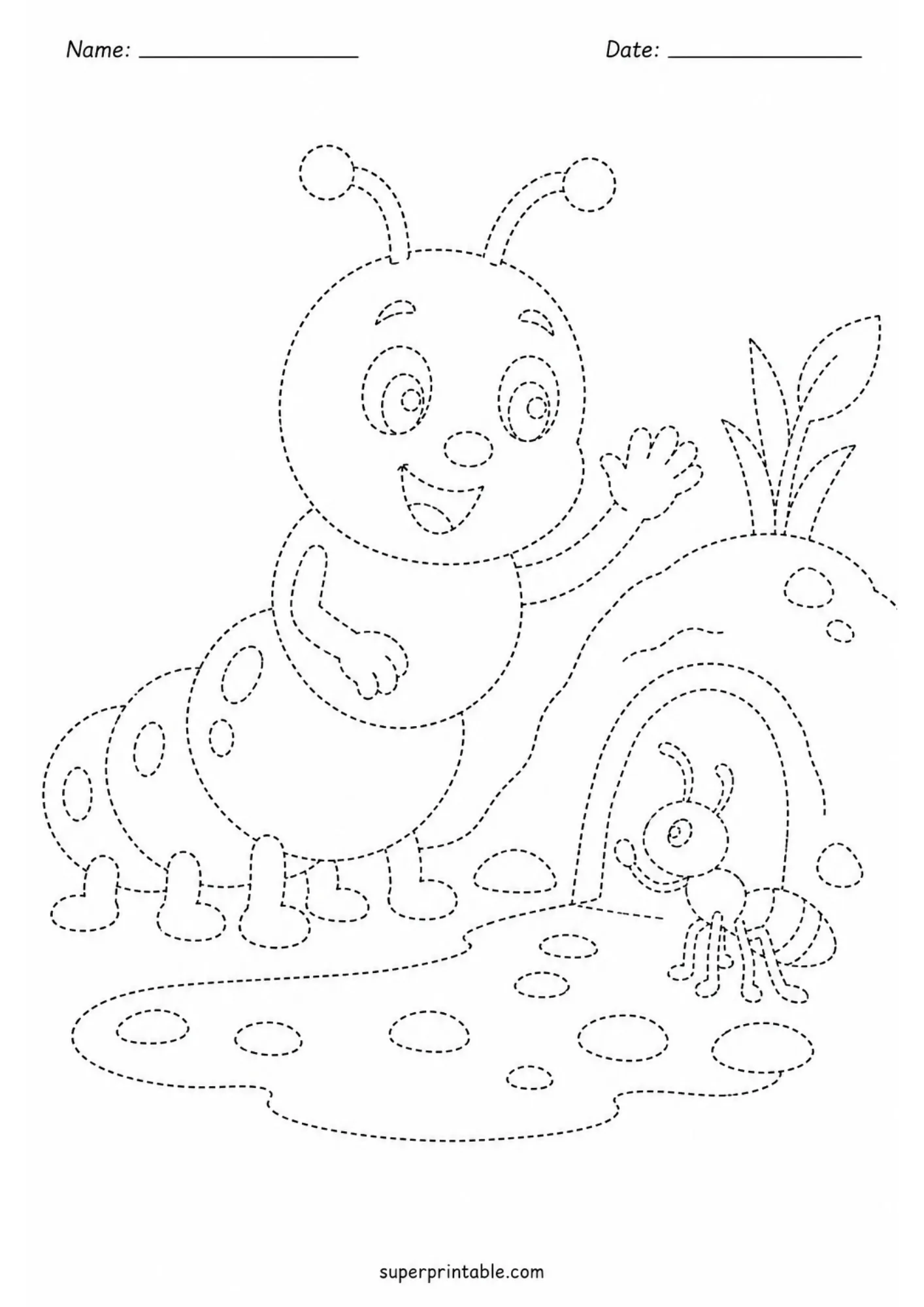 Cute waving caterpillar meeting a small ant near an underground burrow tracing worksheet.