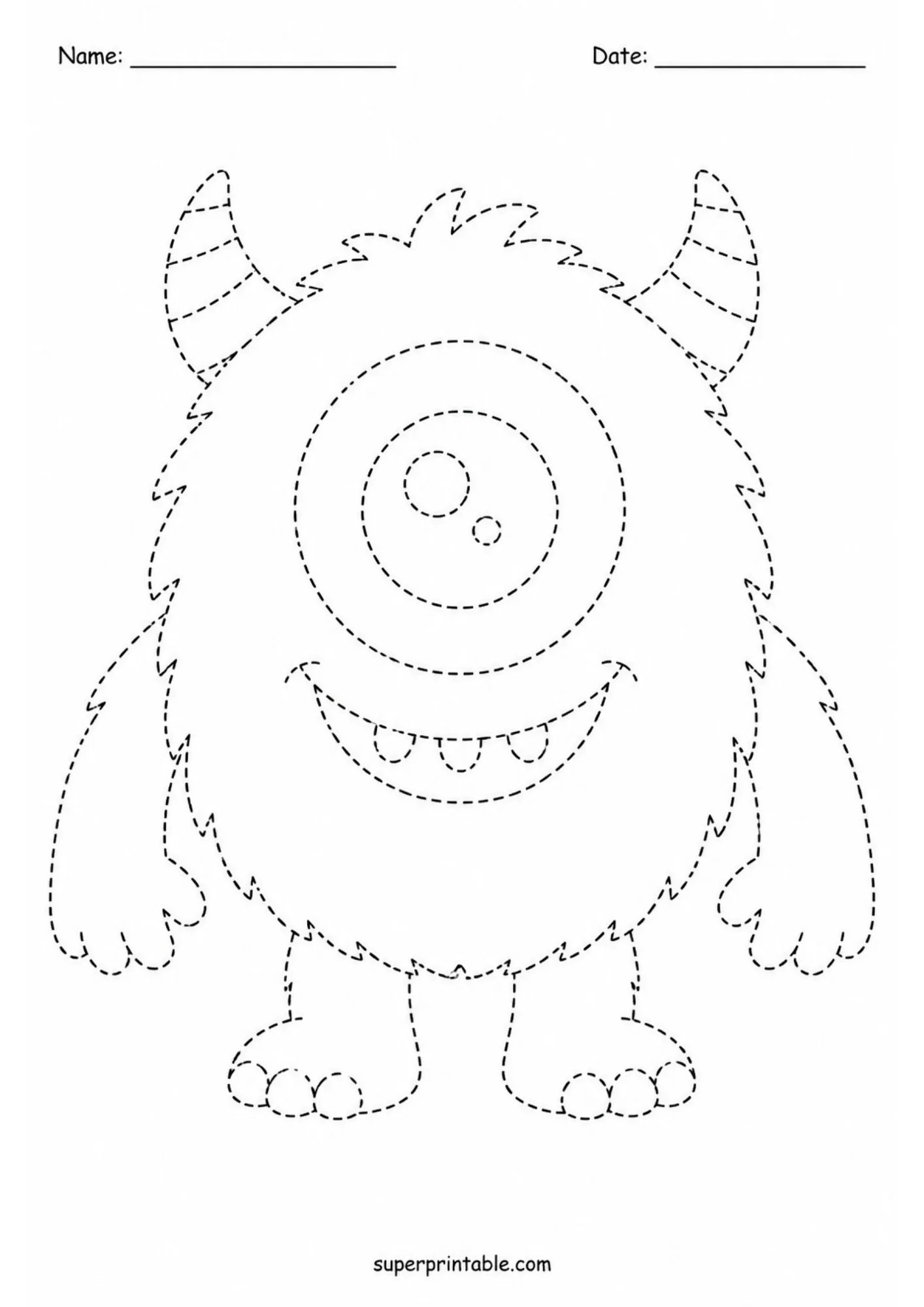 Printable friendly monster tracing worksheets featuring a cute one-eyed cyclops with striped horns.