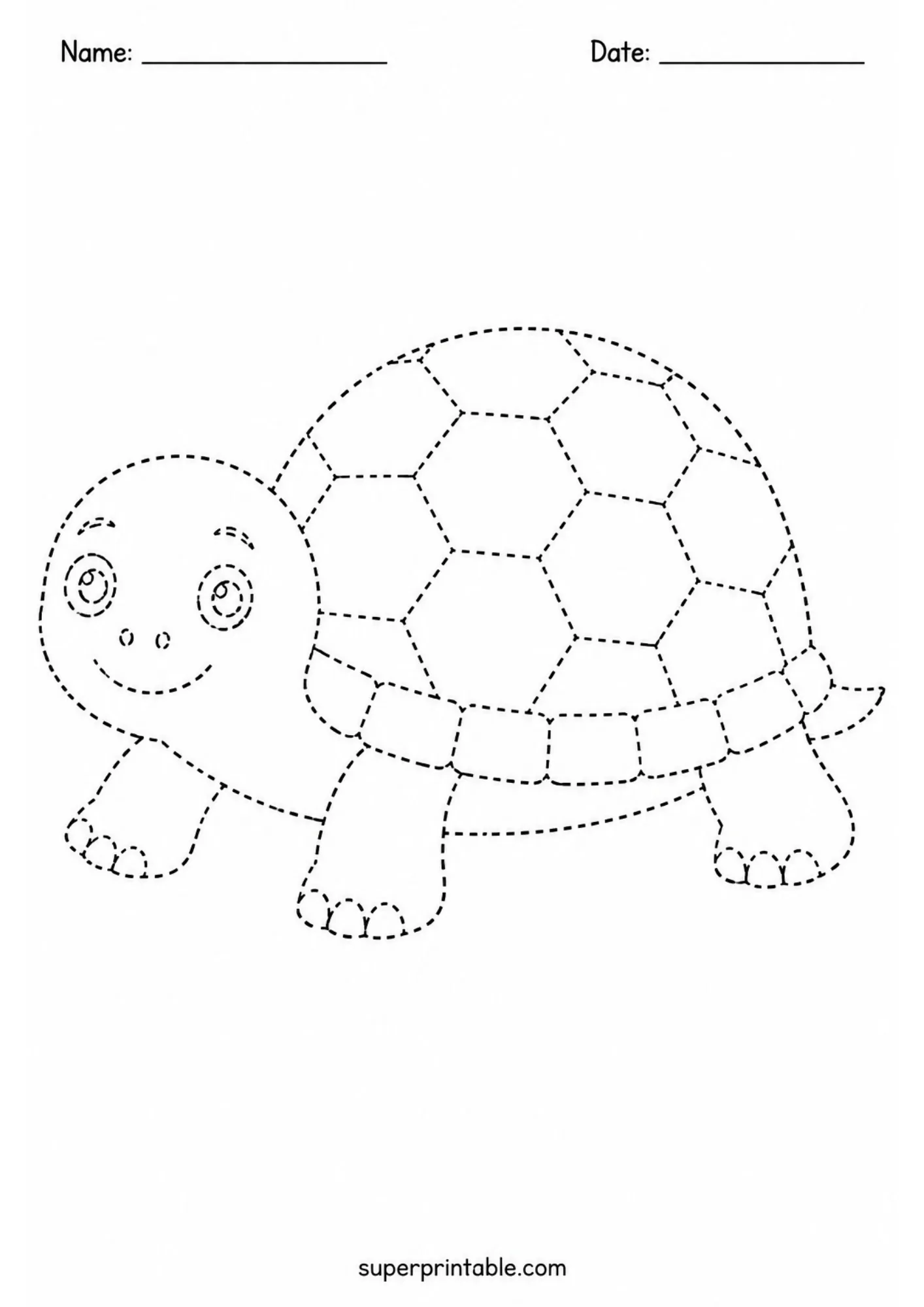 Friendly turtle with shell pattern dashed line outline tracing sheet for kids.