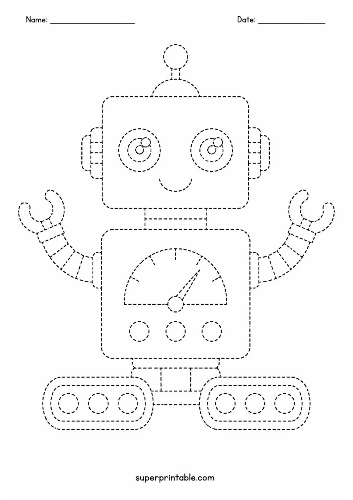 Friendly cute robot line art page for kids tracing practice.