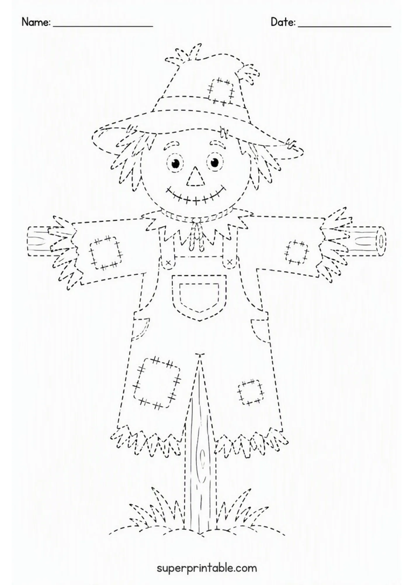 Dashed line tracing activity sheet of a smiling scarecrow wearing patched overalls and a floppy hat.