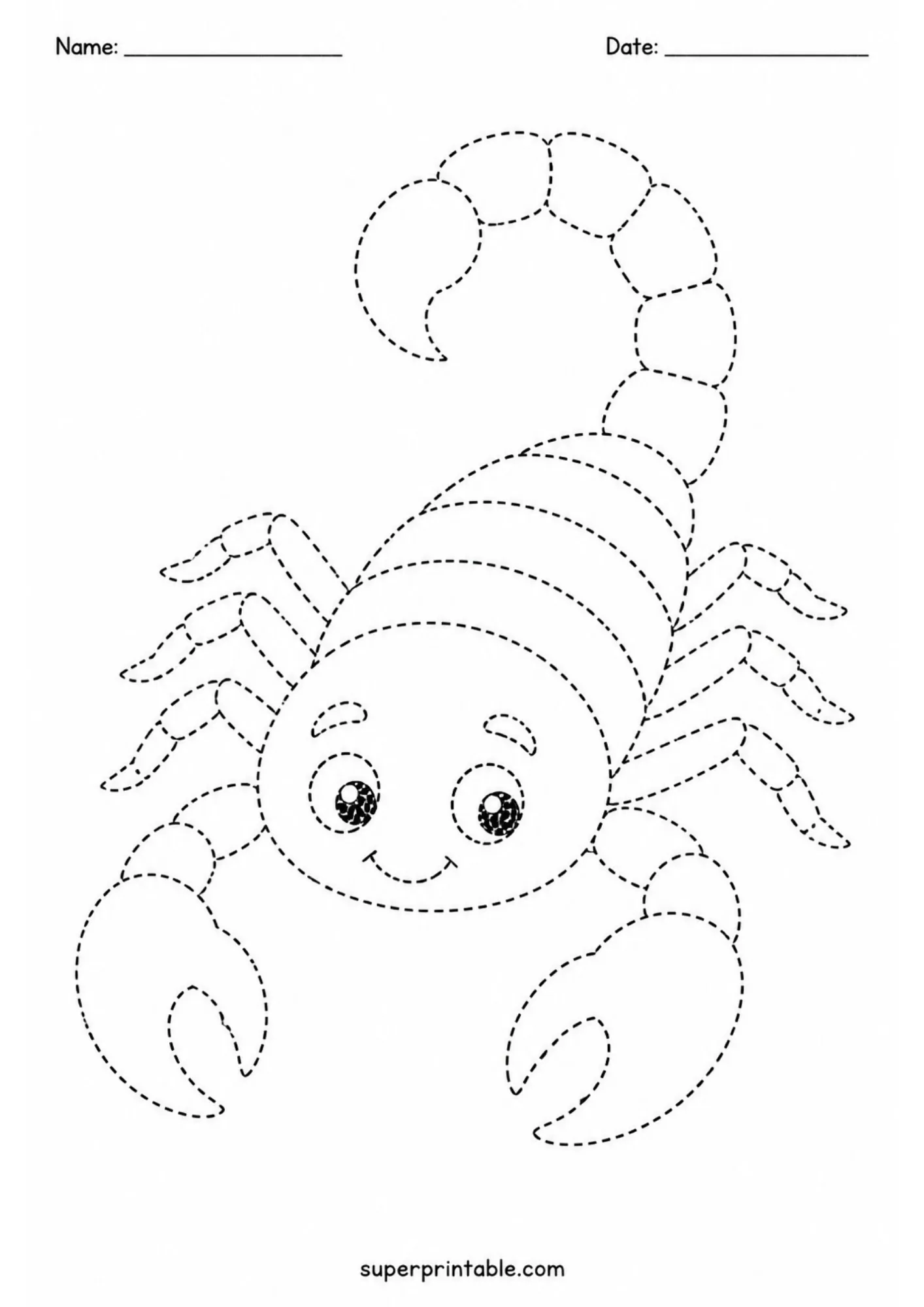 Friendly desert scorpion tracing worksheet designed for kindergarten fine motor skill development.