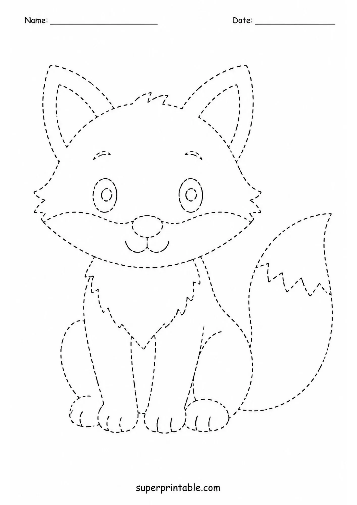Sitting fox cub with bushy tail dashed line outline tracing page for young learners.