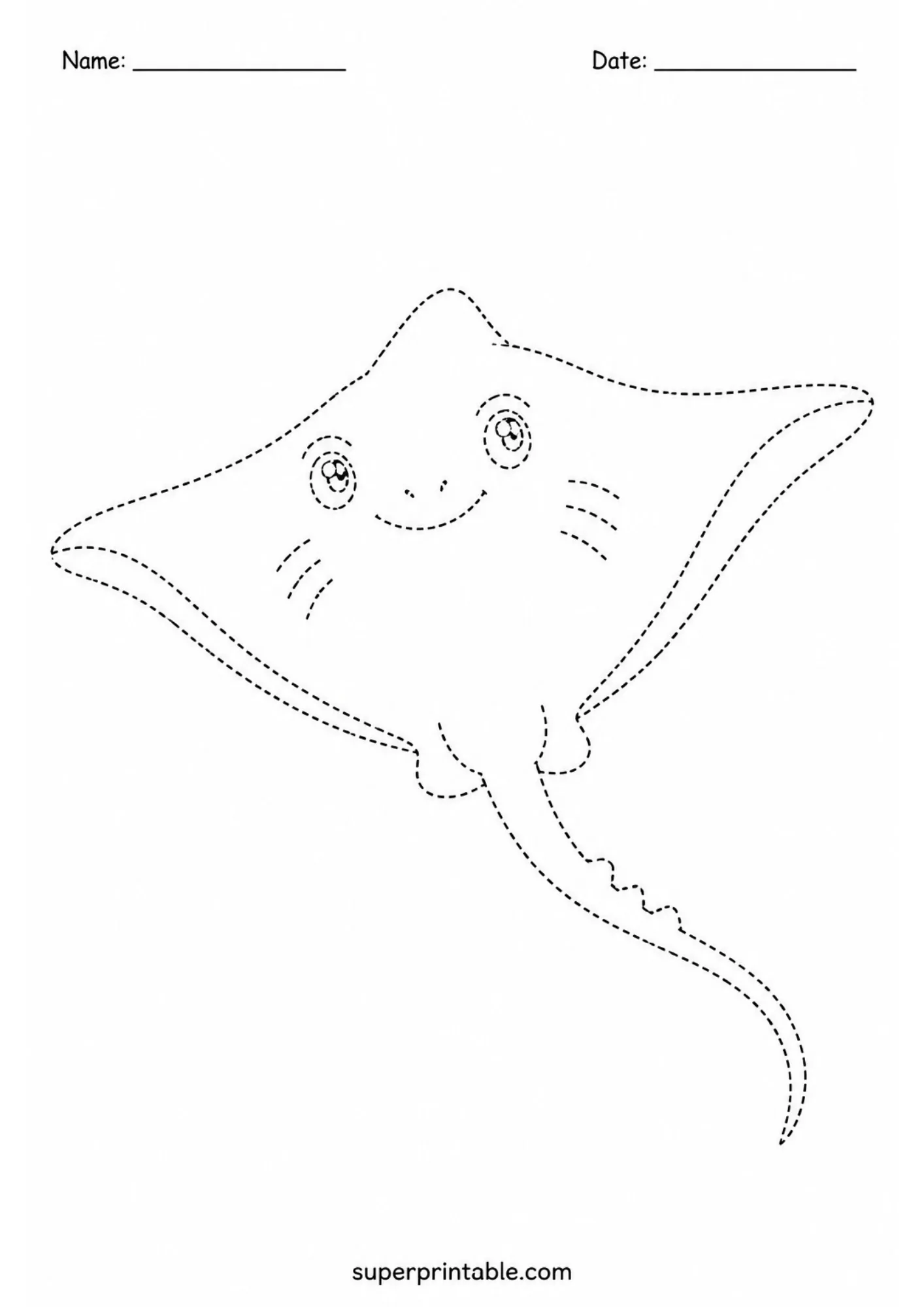 Line tracing sheet depicting a cartoon stingray swimming with extended fins and tail.