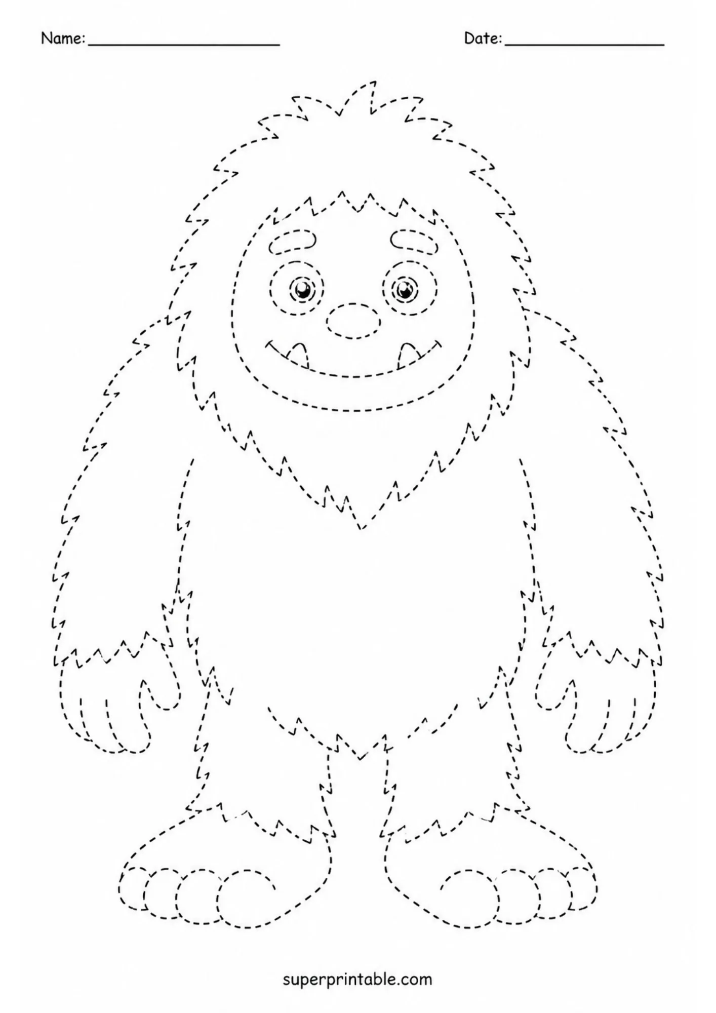 Line art tracing sheet of a cute furry yeti monster standing with big feet and a gentle smile.