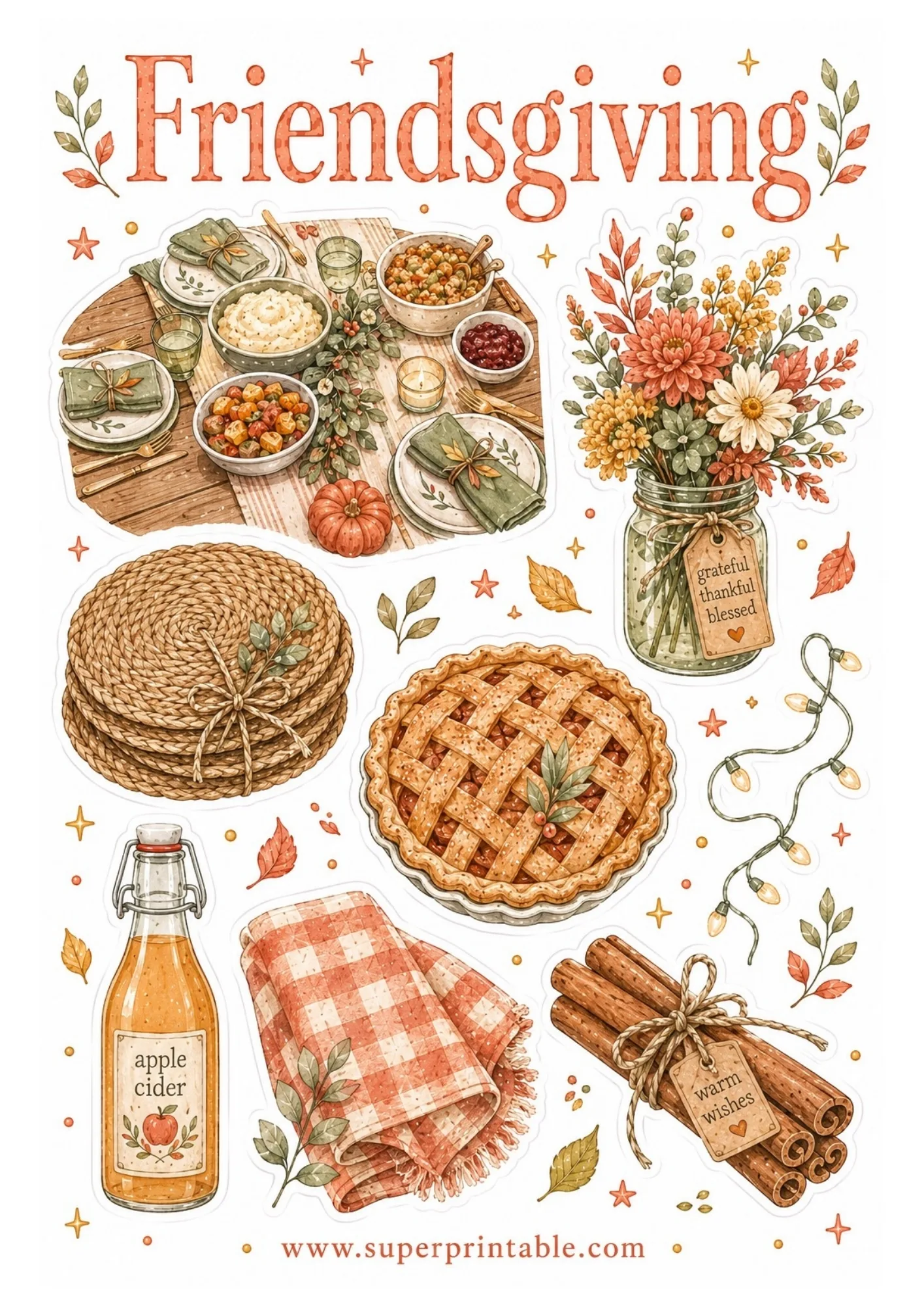 Printable Friendsgiving sticker sheet showing watercolor feast table layout, flower vase, lattice pie, fairy string lights, apple cider bottle, and cinnamon sticks.