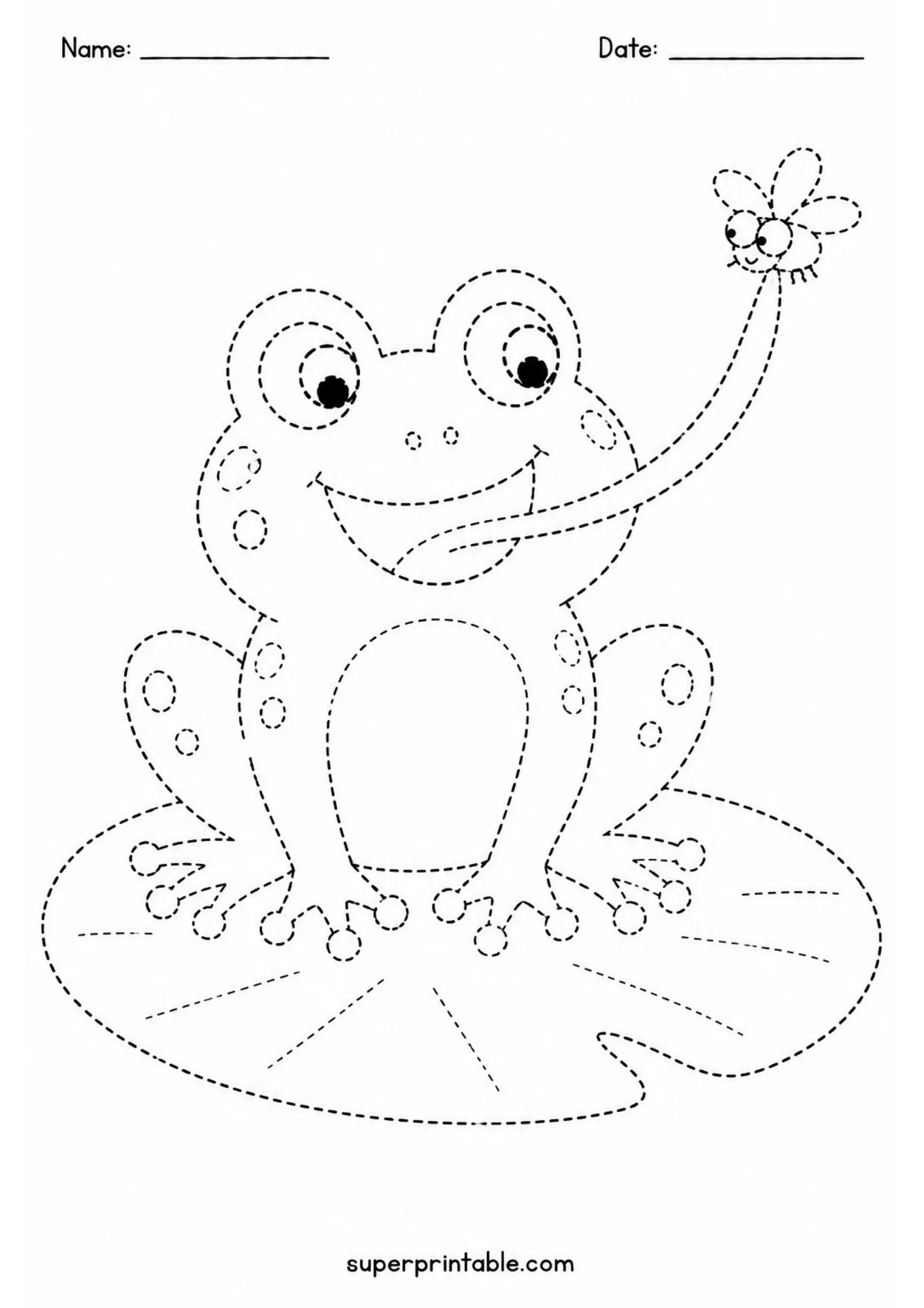 Tracing worksheet with a cheerful frog extending its tongue to catch a flying insect.