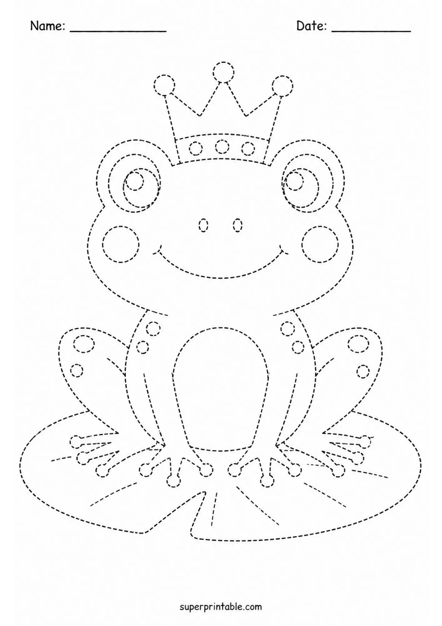 Printable fairytale characters activity worksheets featuring a frog prince tracing page for preschool line practice.