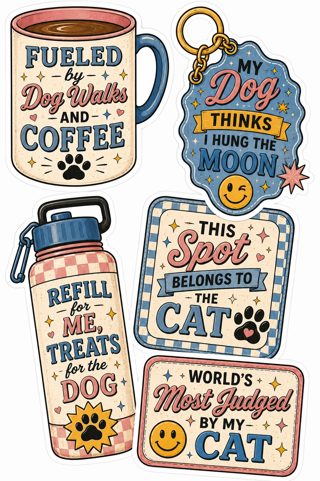Fueled By Dog Walks Cat Spot Mug Sheet featuring funny cat & dog parent life, pet owner humor, daily pet life quotes, and accessories.