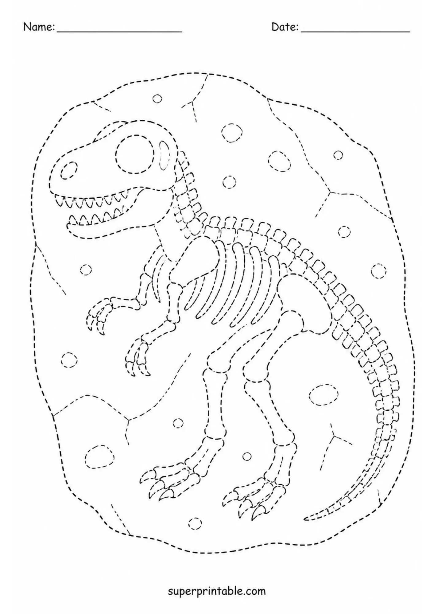 Printable dino fossil tracing page showing a full standing dinosaur skeleton.