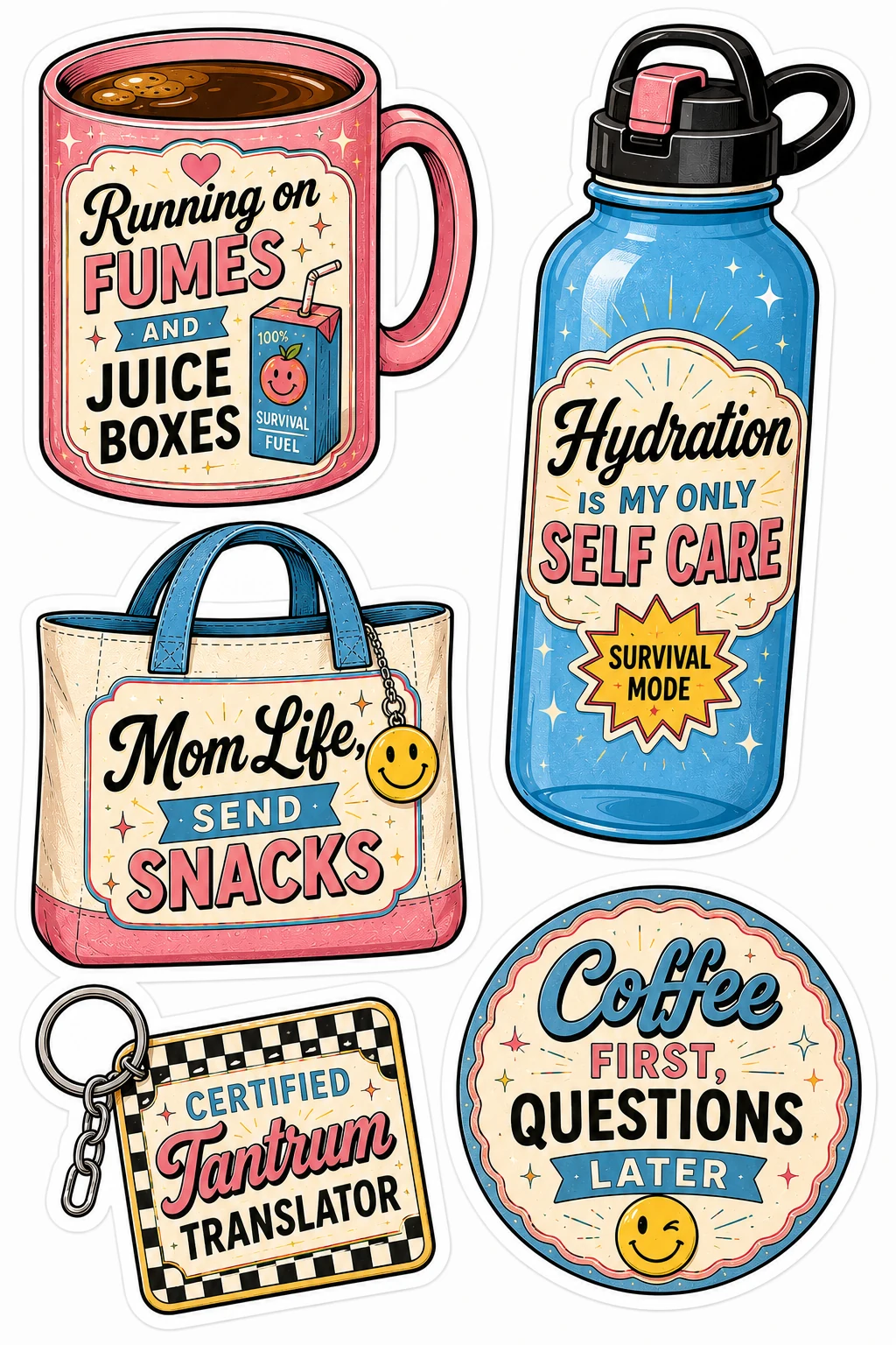 Fumes Juice Boxes Mom Life Send Snacks Mug Sheet featuring motherhood humor, tired mom life, coffee & chaos, and parenting struggles.