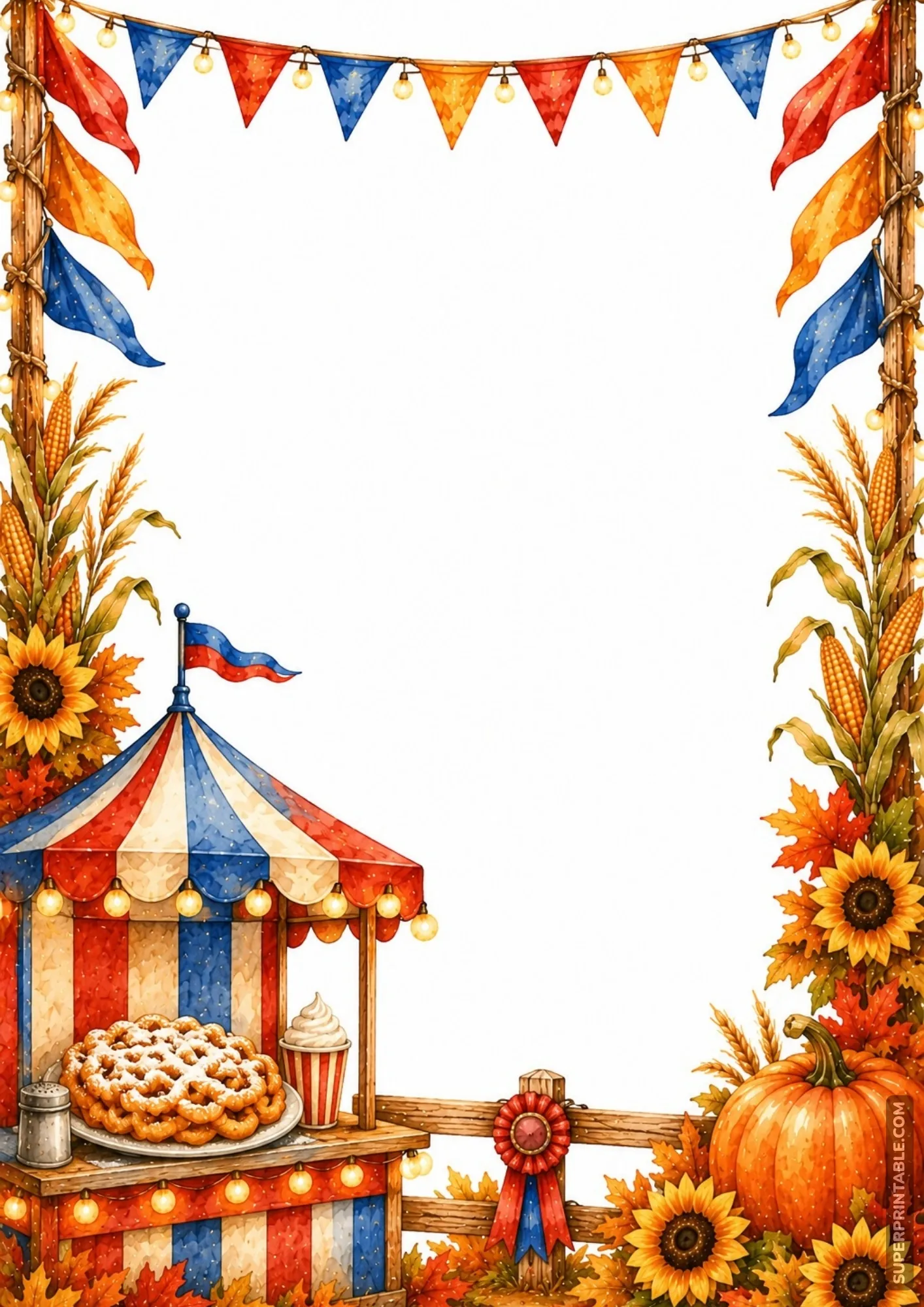 Festive fair border design with a powdered funnel cake concession stand, orange pumpkin, and sunflower accents.